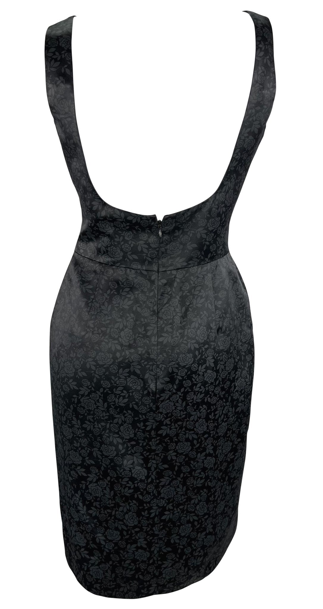F/W 1996 Dolce & Gabbana Black Satin Charcoal Rose Print Sleeveless Mini Dress - RealList