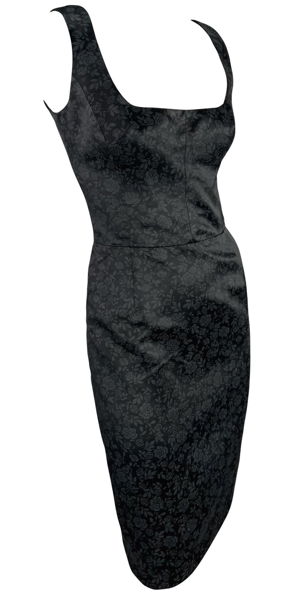 F/W 1996 Dolce & Gabbana Black Satin Charcoal Rose Print Sleeveless Mini Dress - RealList