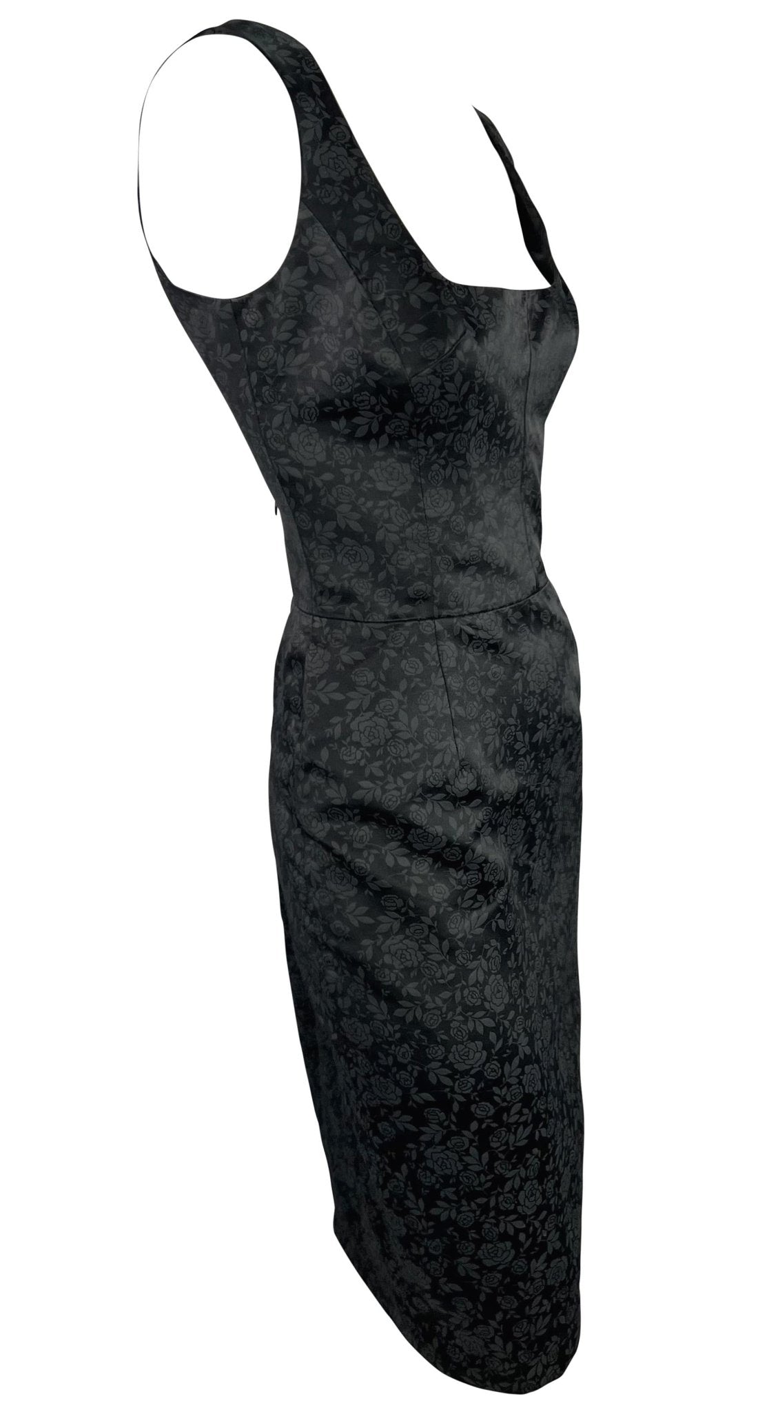 F/W 1996 Dolce & Gabbana Black Satin Charcoal Rose Print Sleeveless Mini Dress - RealList
