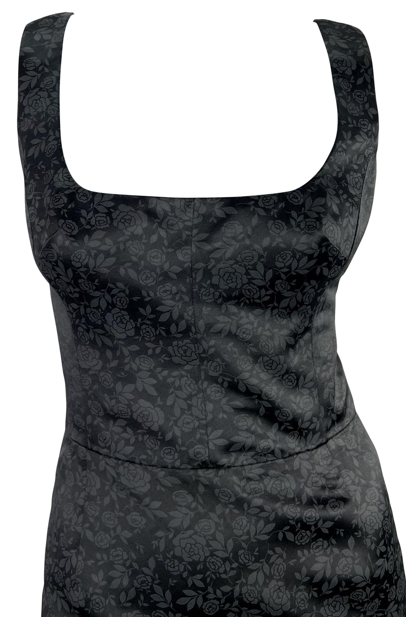 F/W 1996 Dolce & Gabbana Black Satin Charcoal Rose Print Sleeveless Mini Dress - RealList