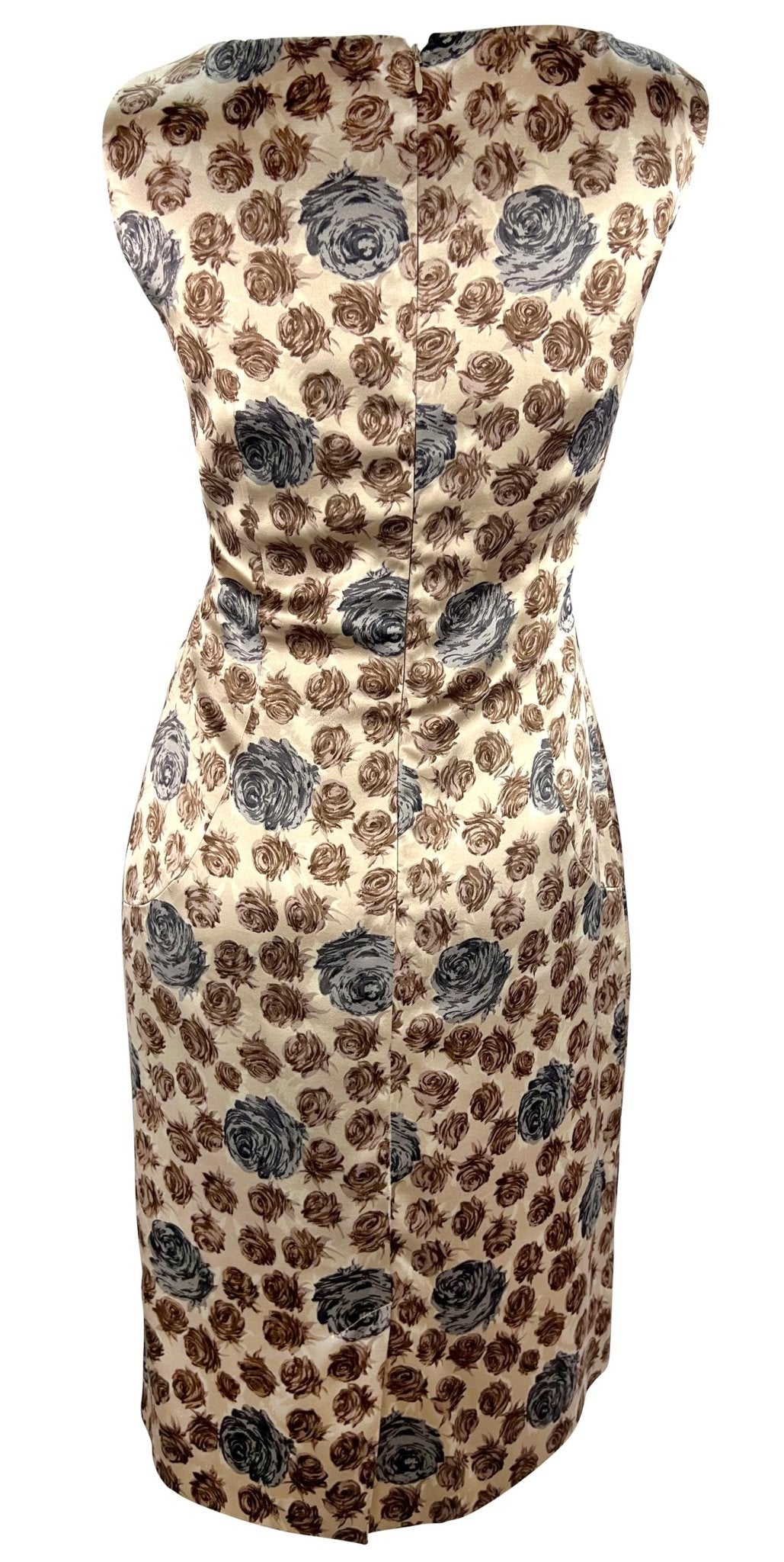 F/W 1996 Dolce & Gabbana Runway Taupe Rose Print Satin Sleeveless Dress - RealList