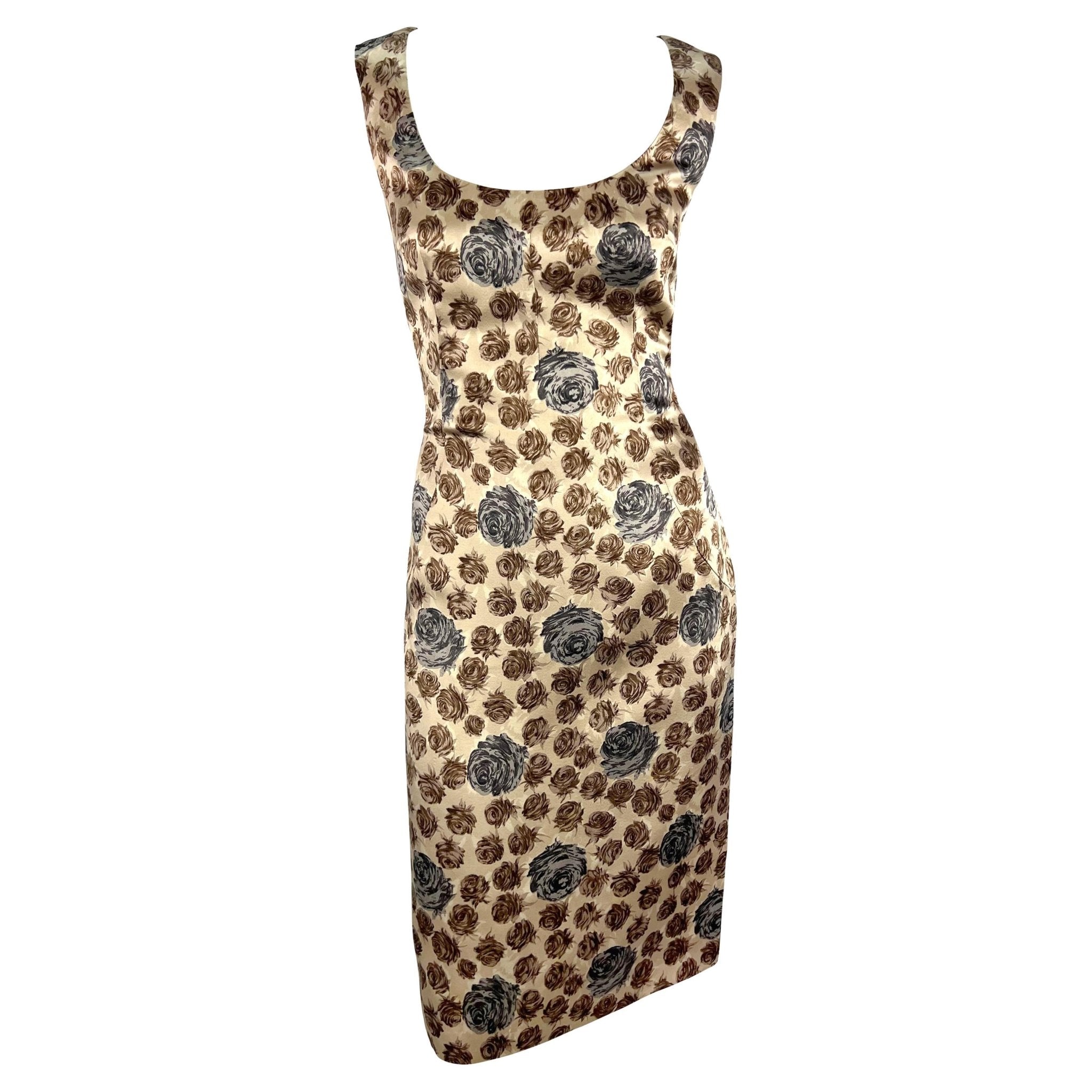 F/W 1996 Dolce & Gabbana Runway Taupe Rose Print Satin Sleeveless Dress - RealList