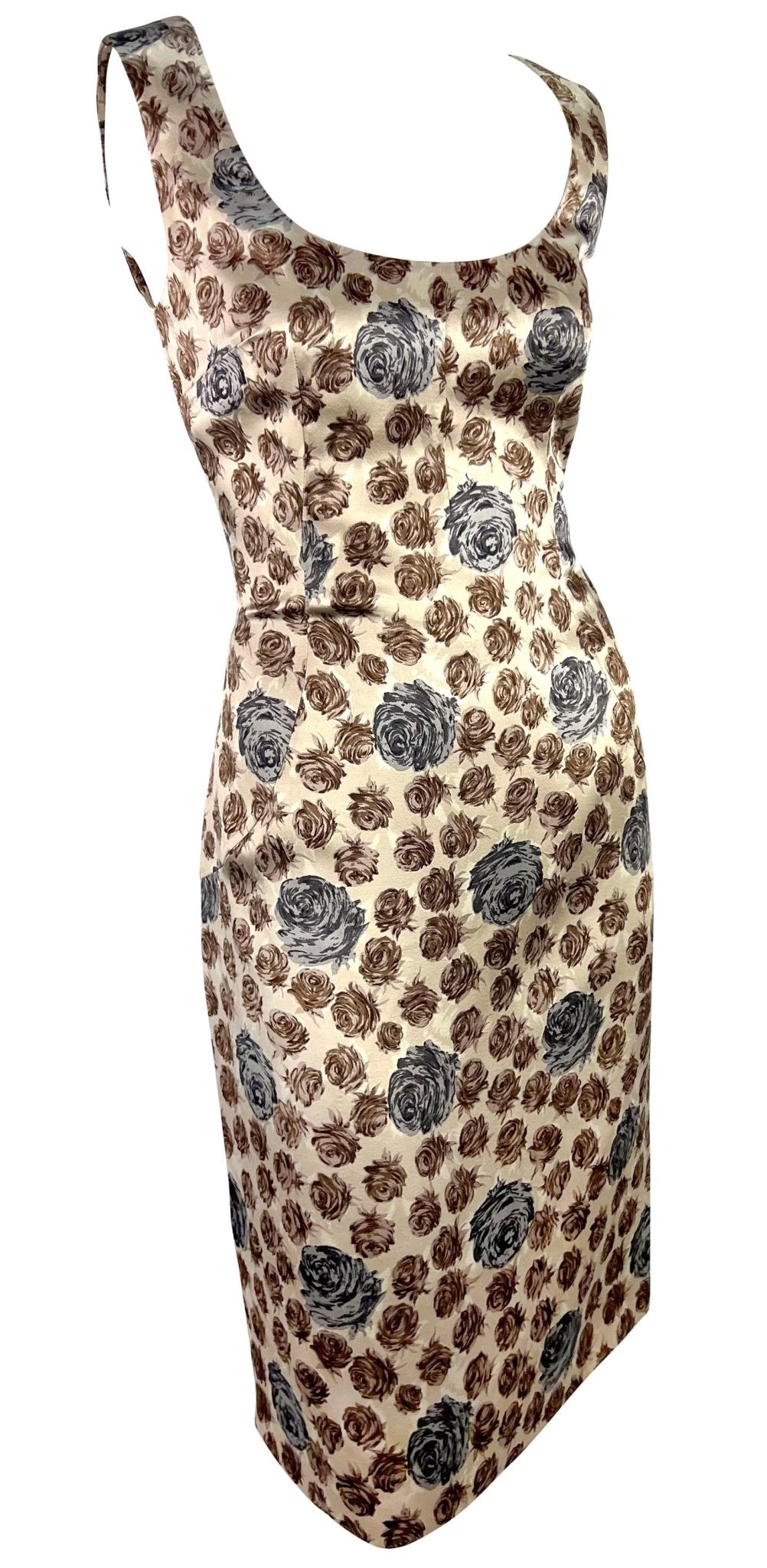 F/W 1996 Dolce & Gabbana Runway Taupe Rose Print Satin Sleeveless Dress - RealList