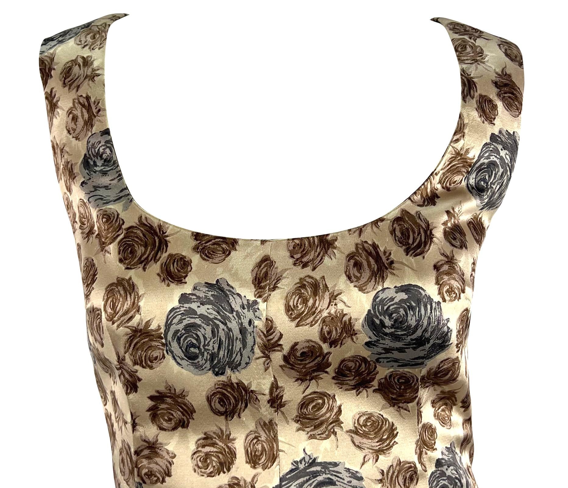 F/W 1996 Dolce & Gabbana Runway Taupe Rose Print Satin Sleeveless Dress - RealList