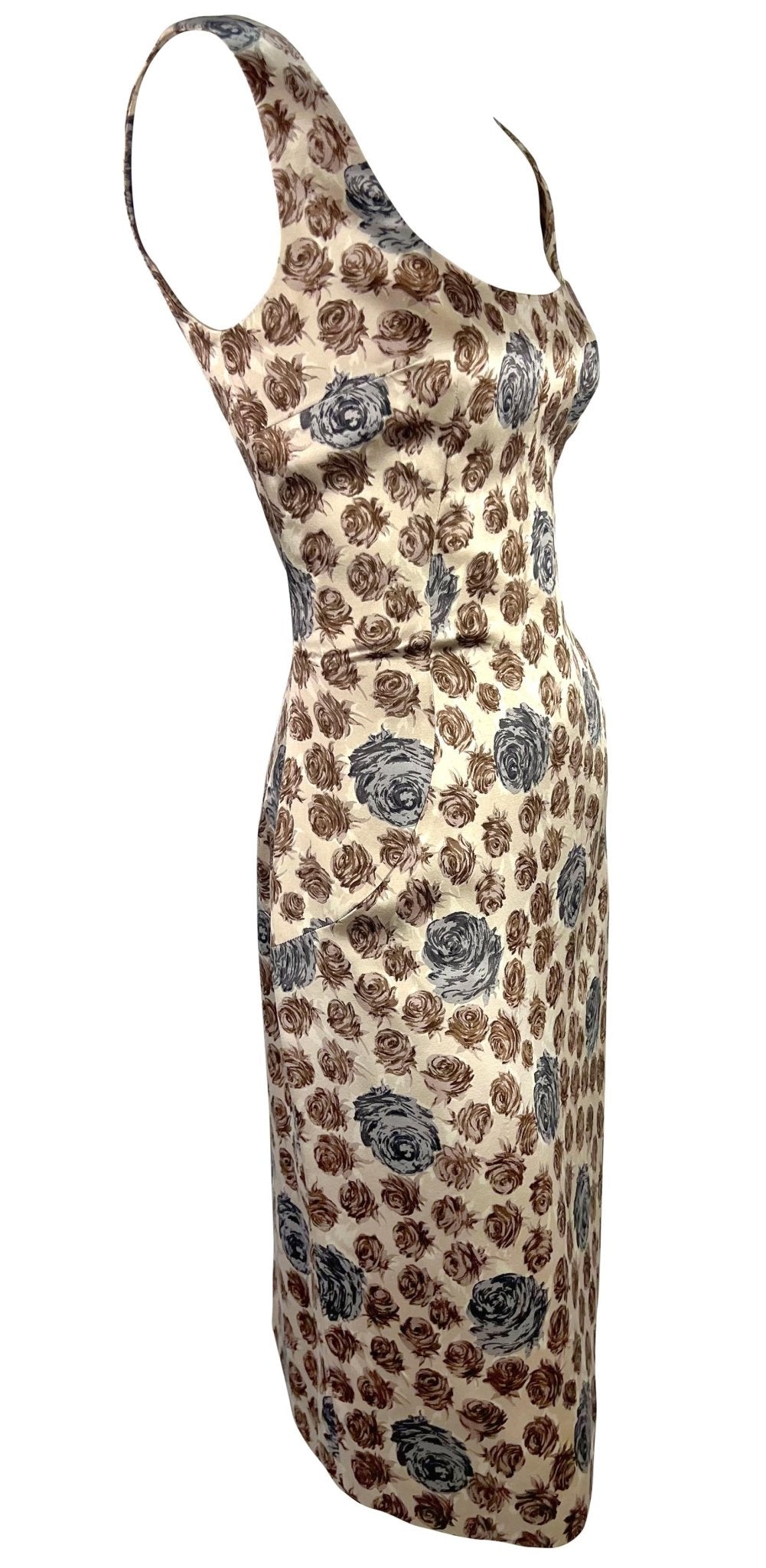 F/W 1996 Dolce & Gabbana Runway Taupe Rose Print Satin Sleeveless Dress - RealList