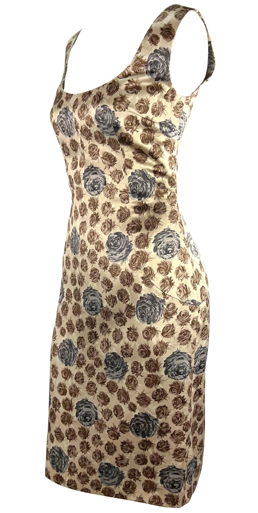 F/W 1996 Dolce & Gabbana Runway Taupe Rose Print Satin Sleeveless Dress - RealList