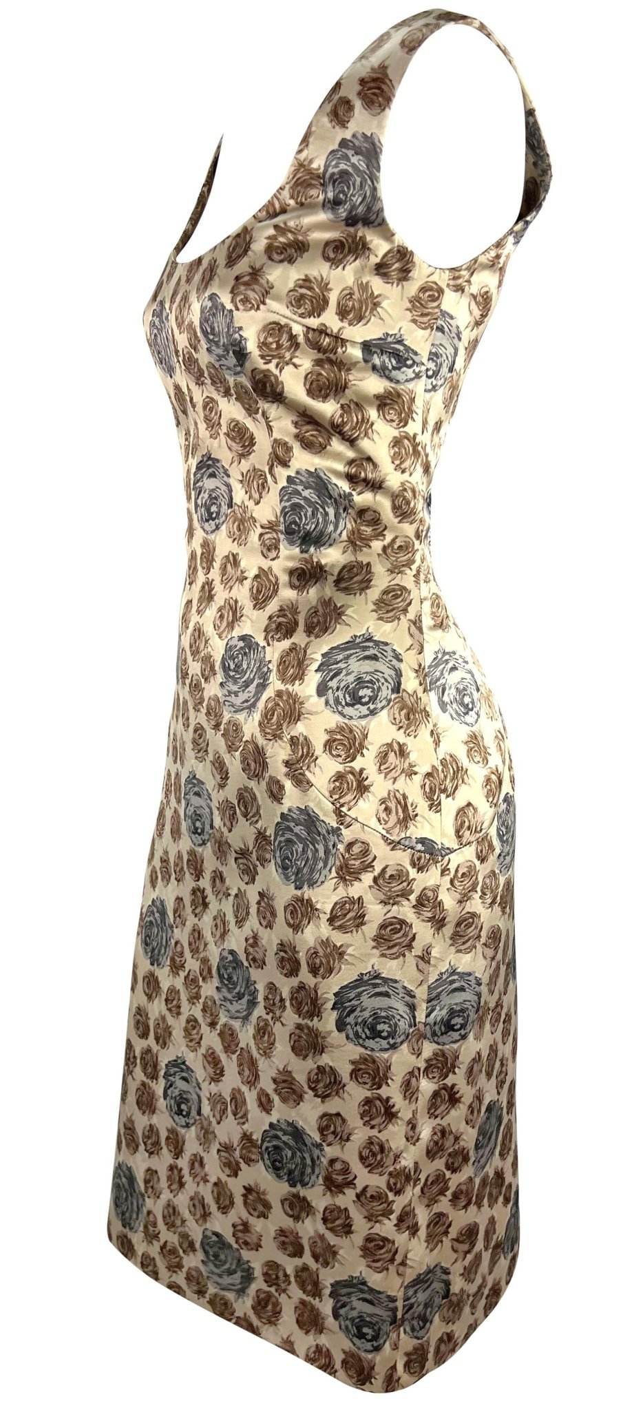 F/W 1996 Dolce & Gabbana Runway Taupe Rose Print Satin Sleeveless Dress - RealList