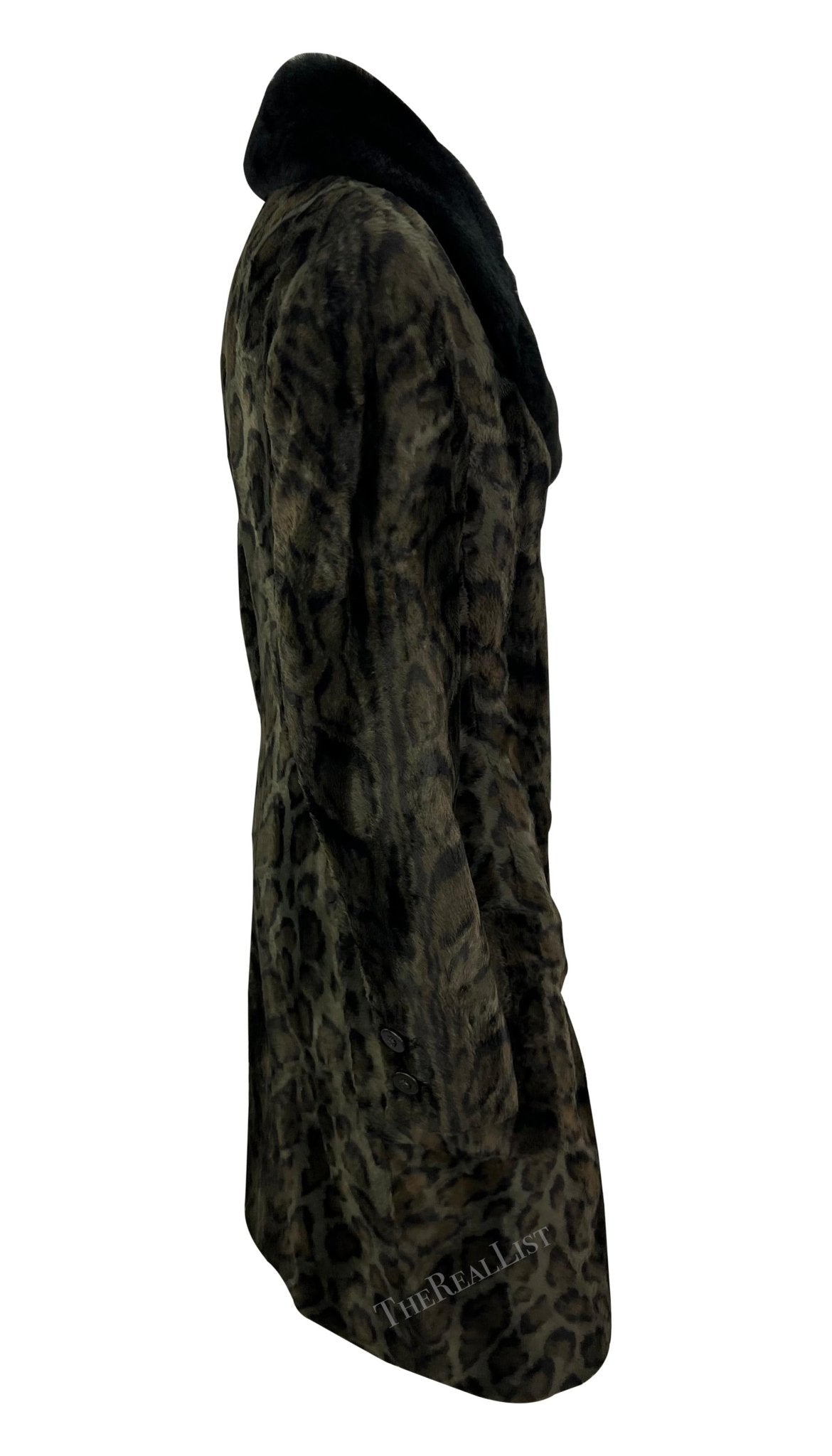 F/W 1996 Gianni Versace Black Leopard Faux Fur Sample Double Breasted Coat - RealList