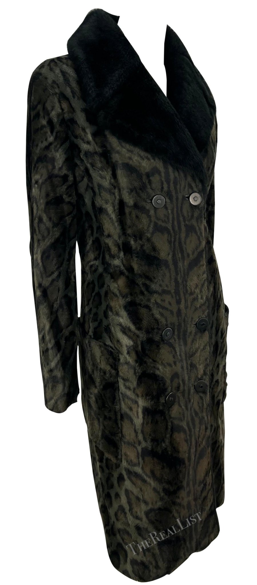 F/W 1996 Gianni Versace Black Leopard Faux Fur Sample Double Breasted Coat - RealList