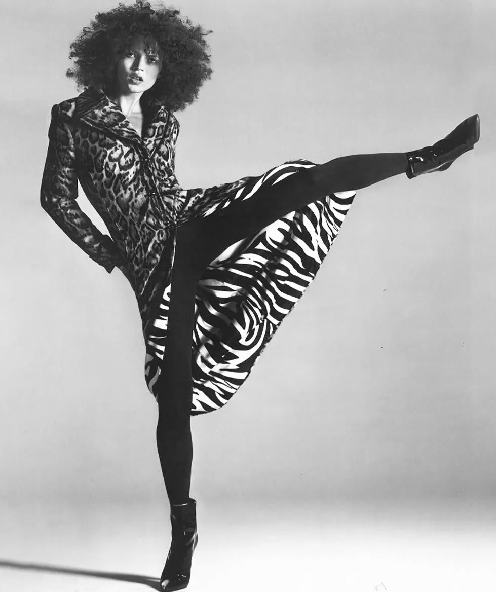 F/W 1996 Gianni Versace Black Leopard Faux Fur Sample Double Breasted Coat - RealList