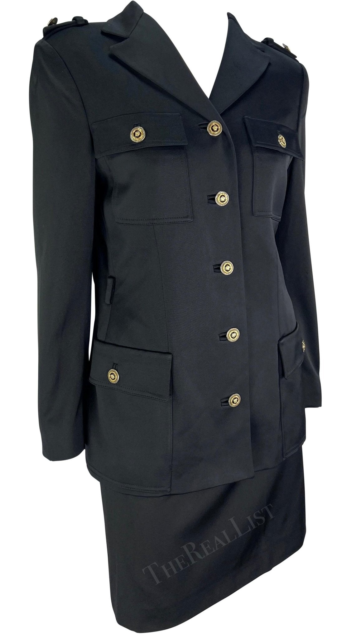 F/W 1996 Gianni Versace Black Military - Style Skirt Suit Set - RealList
