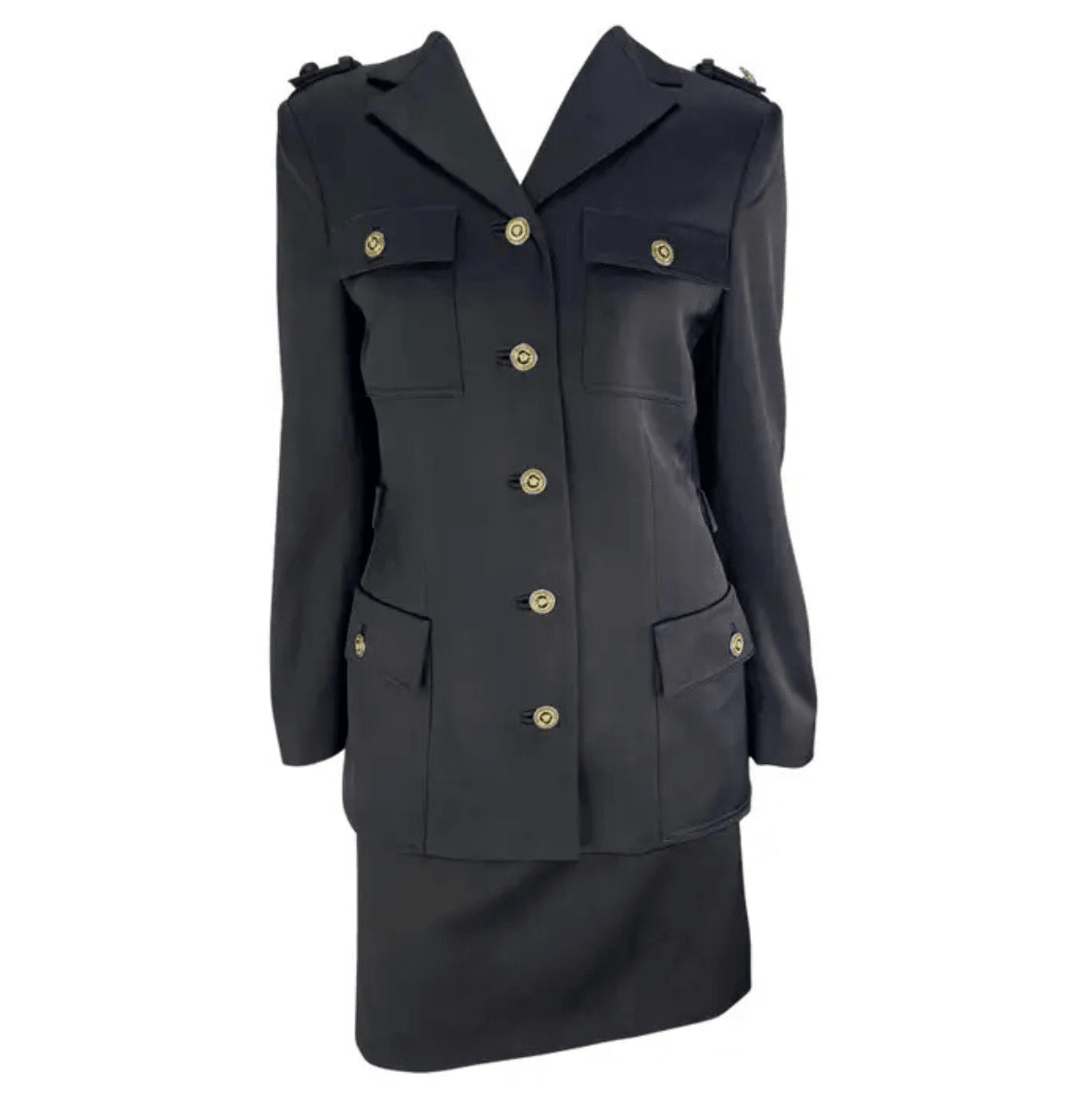 F/W 1996 Gianni Versace Black Military - Style Skirt Suit Set - RealList