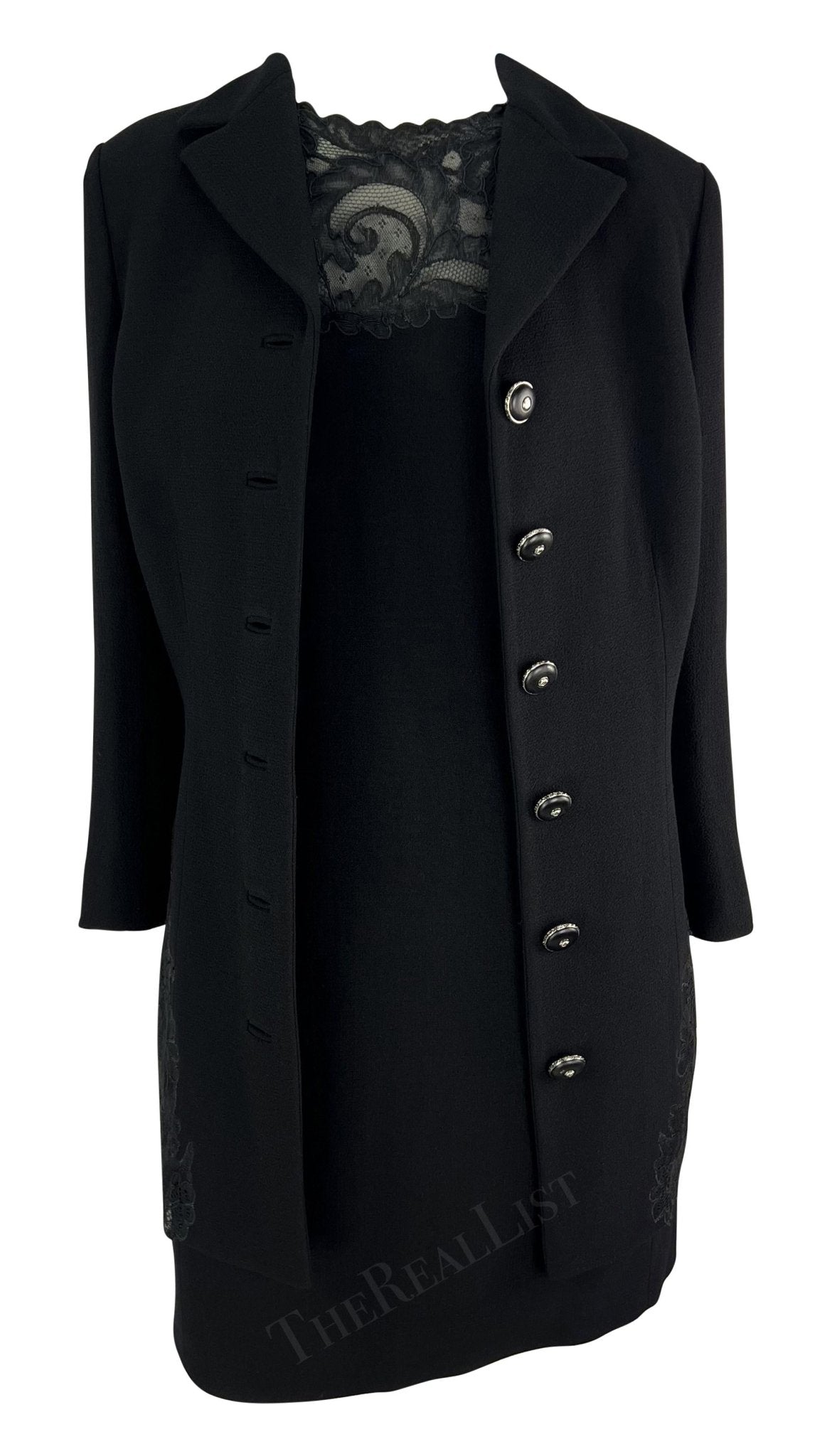 F/W 1996 Gianni Versace Black Sheer Lace Trim Medusa Dress Jacket Set - RealList