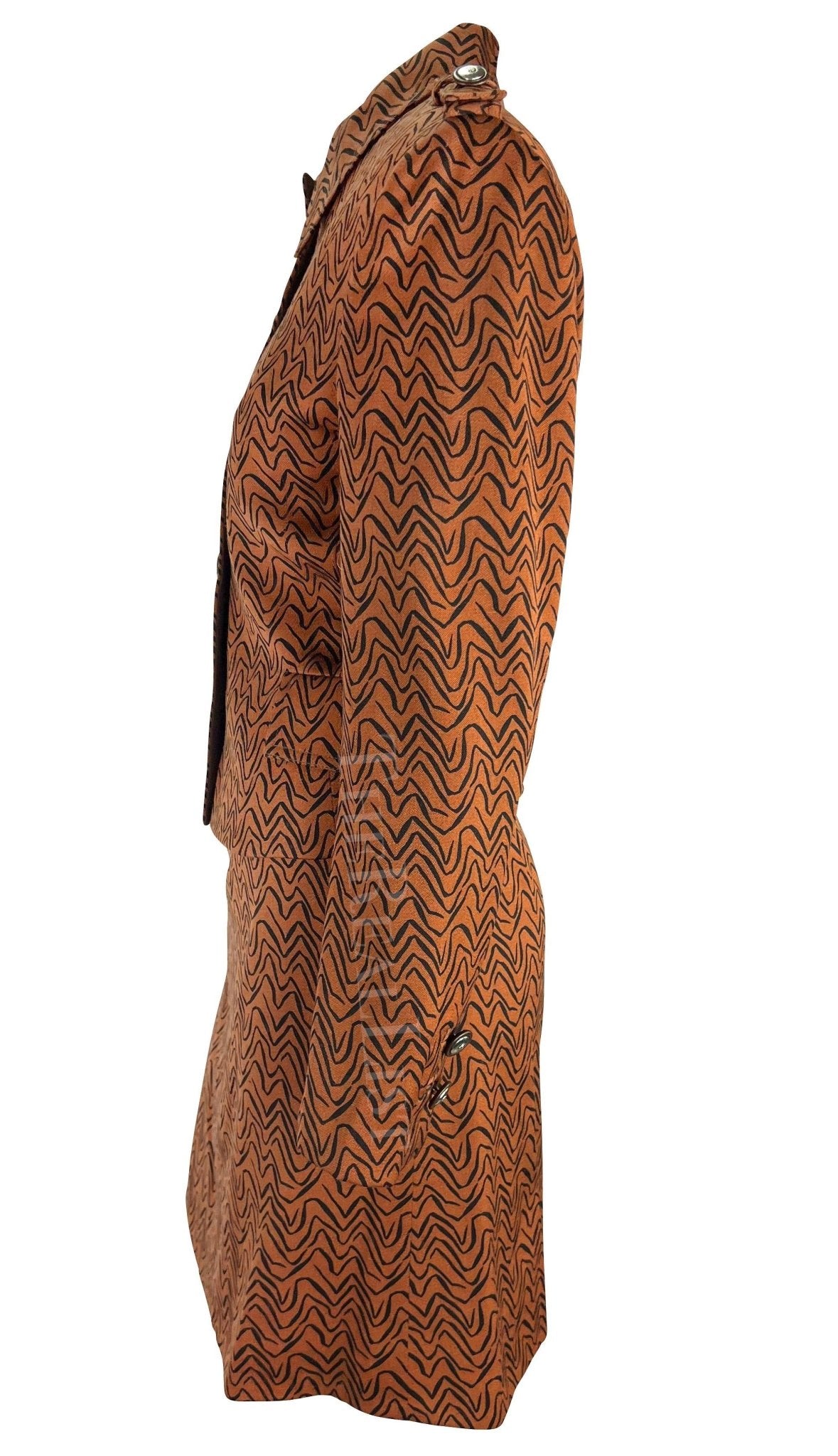 F/W 1996 Gianni Versace Brown Rust Abstract Wiggle Print Medusa Belt Skirt Suit - RealList
