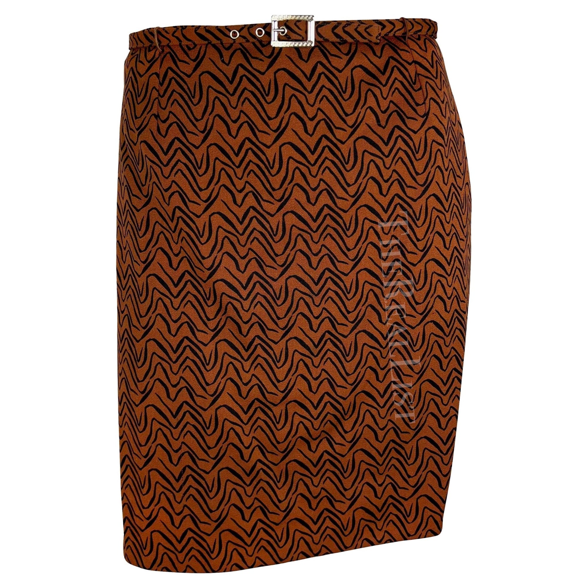 F/W 1996 Gianni Versace Brown Rust Abstract Wiggle Print Medusa Belt Skirt Suit - RealList