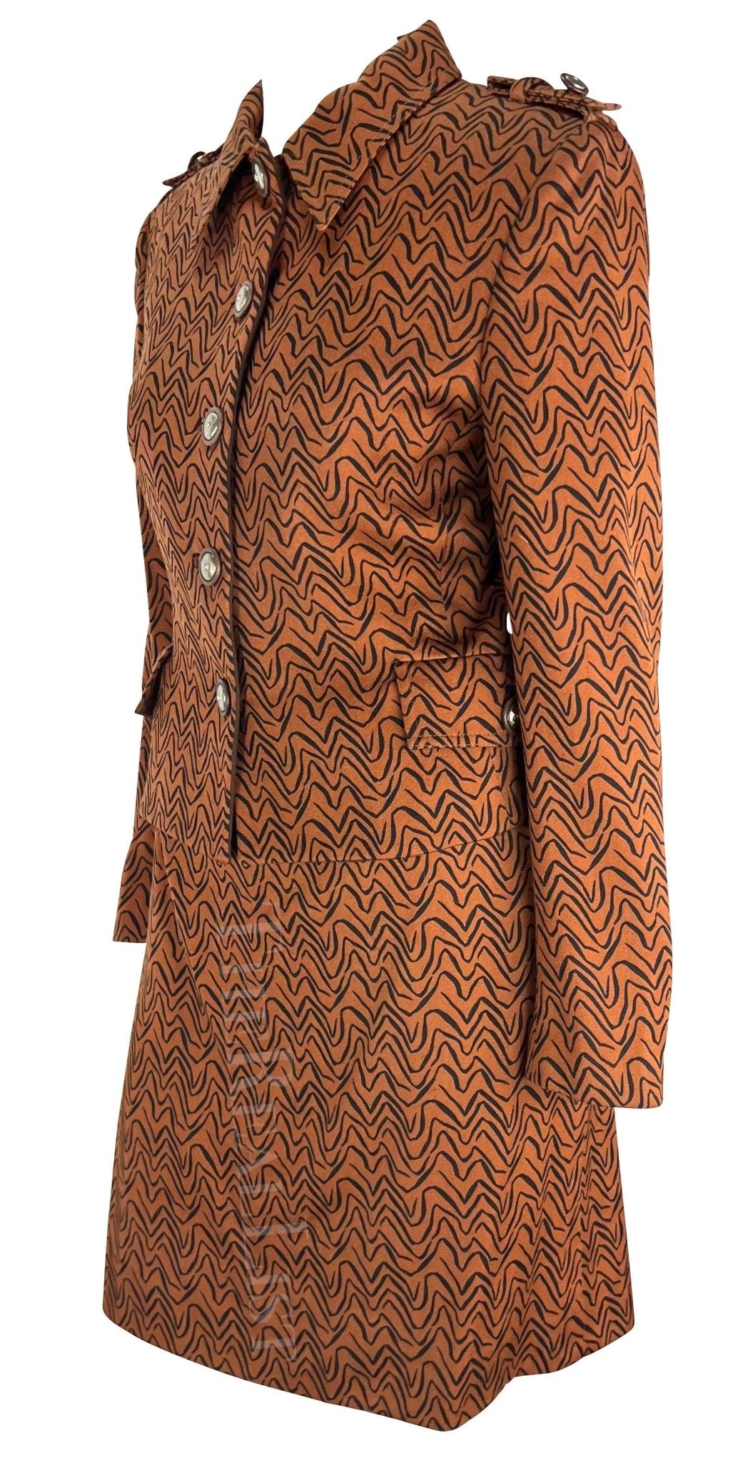 F/W 1996 Gianni Versace Brown Rust Abstract Wiggle Print Medusa Belt Skirt Suit - RealList