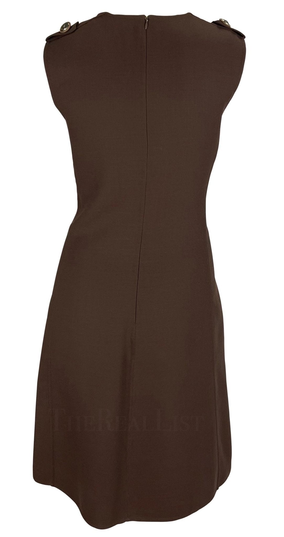 F/W 1996 Gianni Versace Couture Brown Medusa Epaulette Sleeveless Dress - RealList