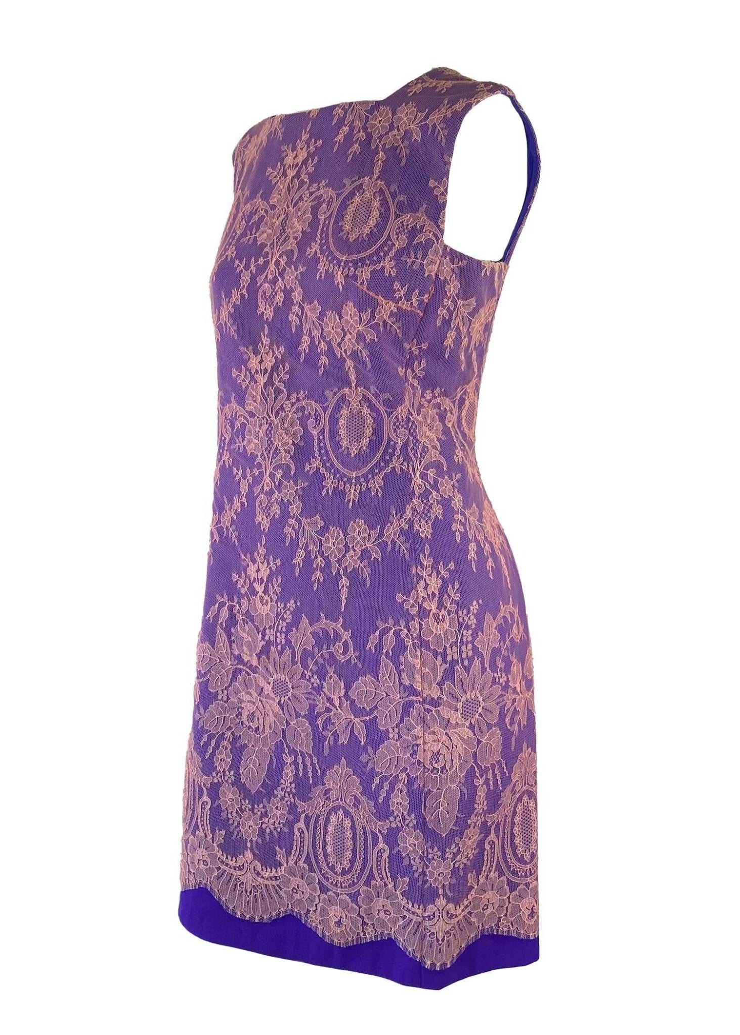 F/W 1996 Gianni Versace Couture Pink Lace Overlay Purple Mini Dress - RealList