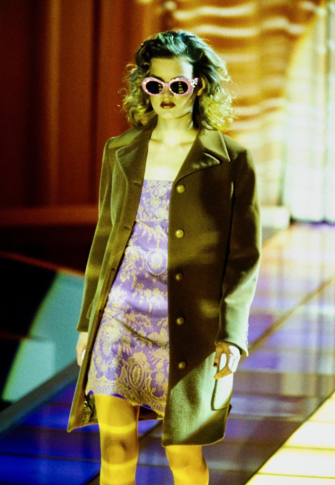 F/W 1996 Gianni Versace Couture Pink Lace Overlay Purple Mini Dress - RealList