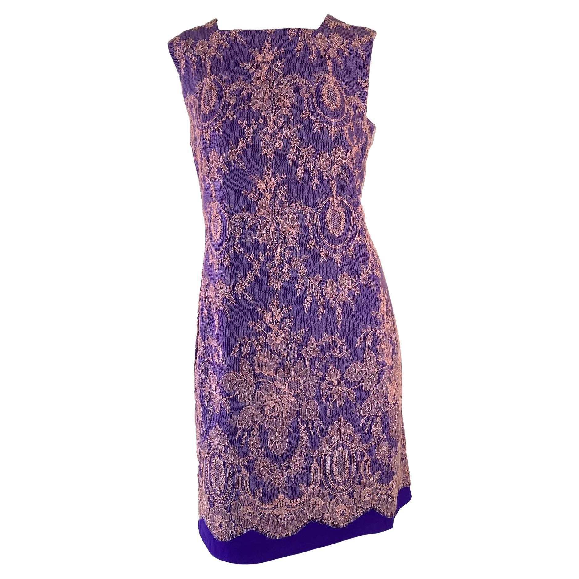 F/W 1996 Gianni Versace Couture Pink Lace Overlay Purple Mini Dress - RealList