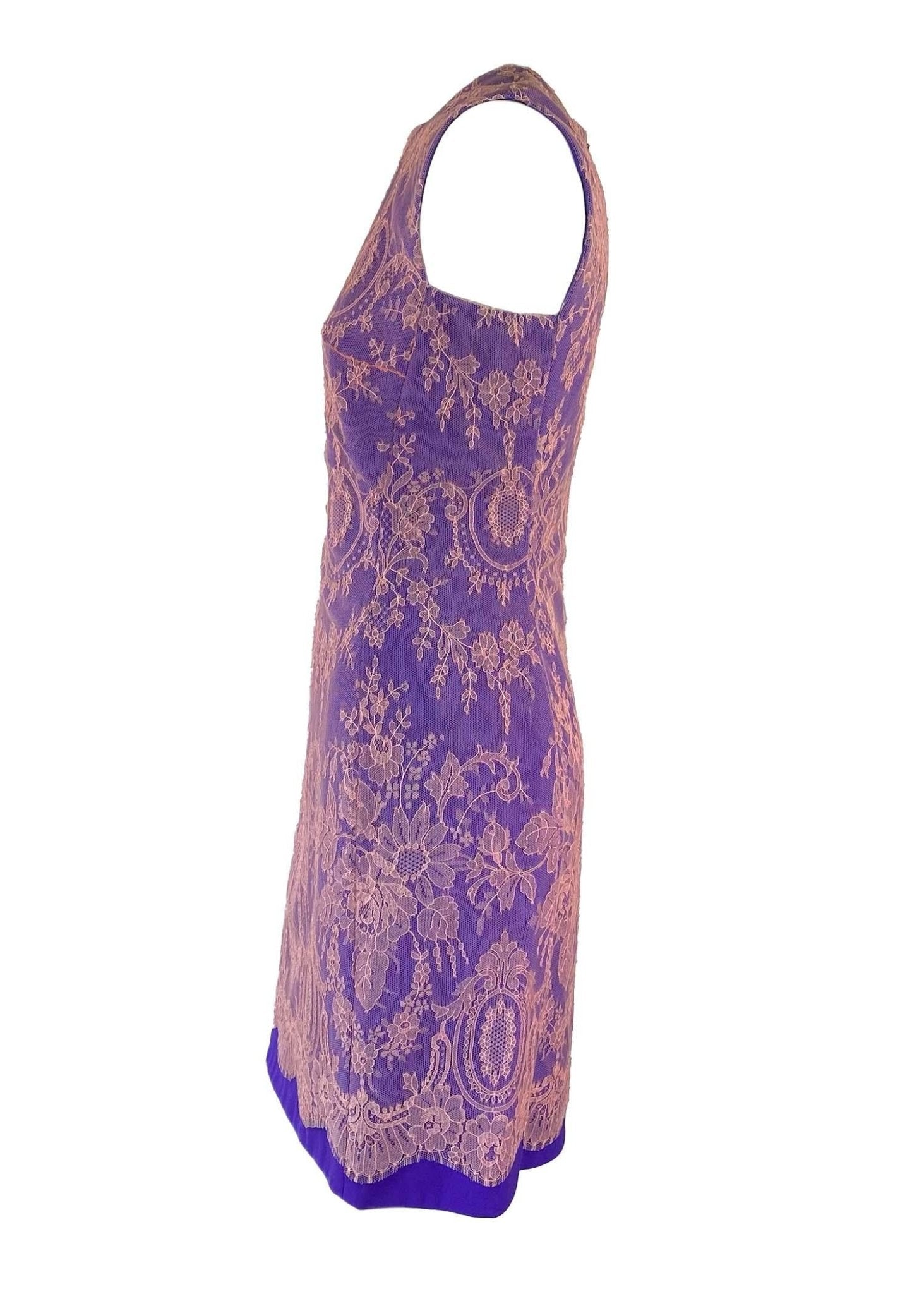 F/W 1996 Gianni Versace Couture Pink Lace Overlay Purple Mini Dress - RealList