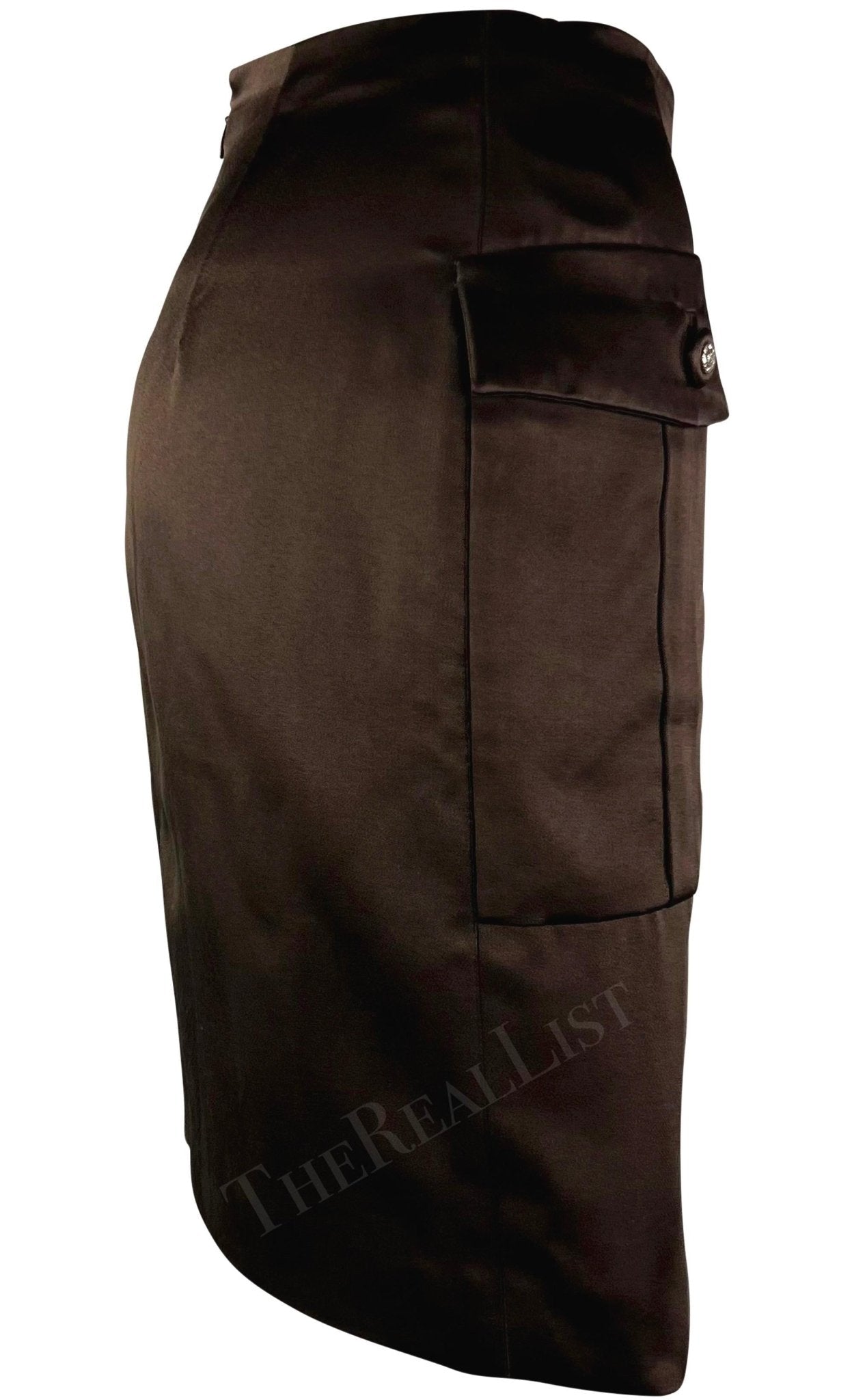 F/W 1996 Gianni Versace Couture Rhinstone Medusa Brown Silk Satin Mini Skirt - RealList