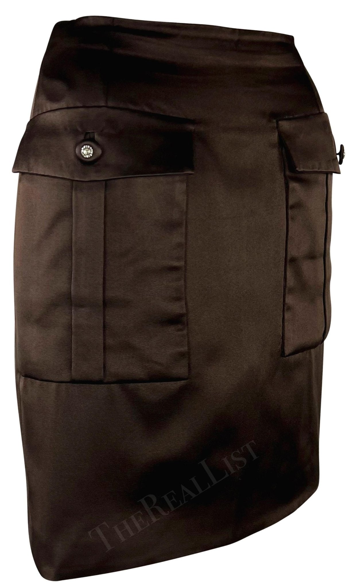 F/W 1996 Gianni Versace Couture Rhinstone Medusa Brown Silk Satin Mini Skirt - RealList