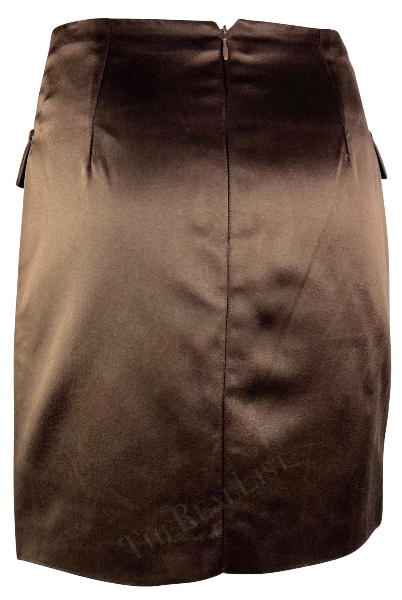 F/W 1996 Gianni Versace Couture Rhinstone Medusa Brown Silk Satin Mini Skirt - RealList