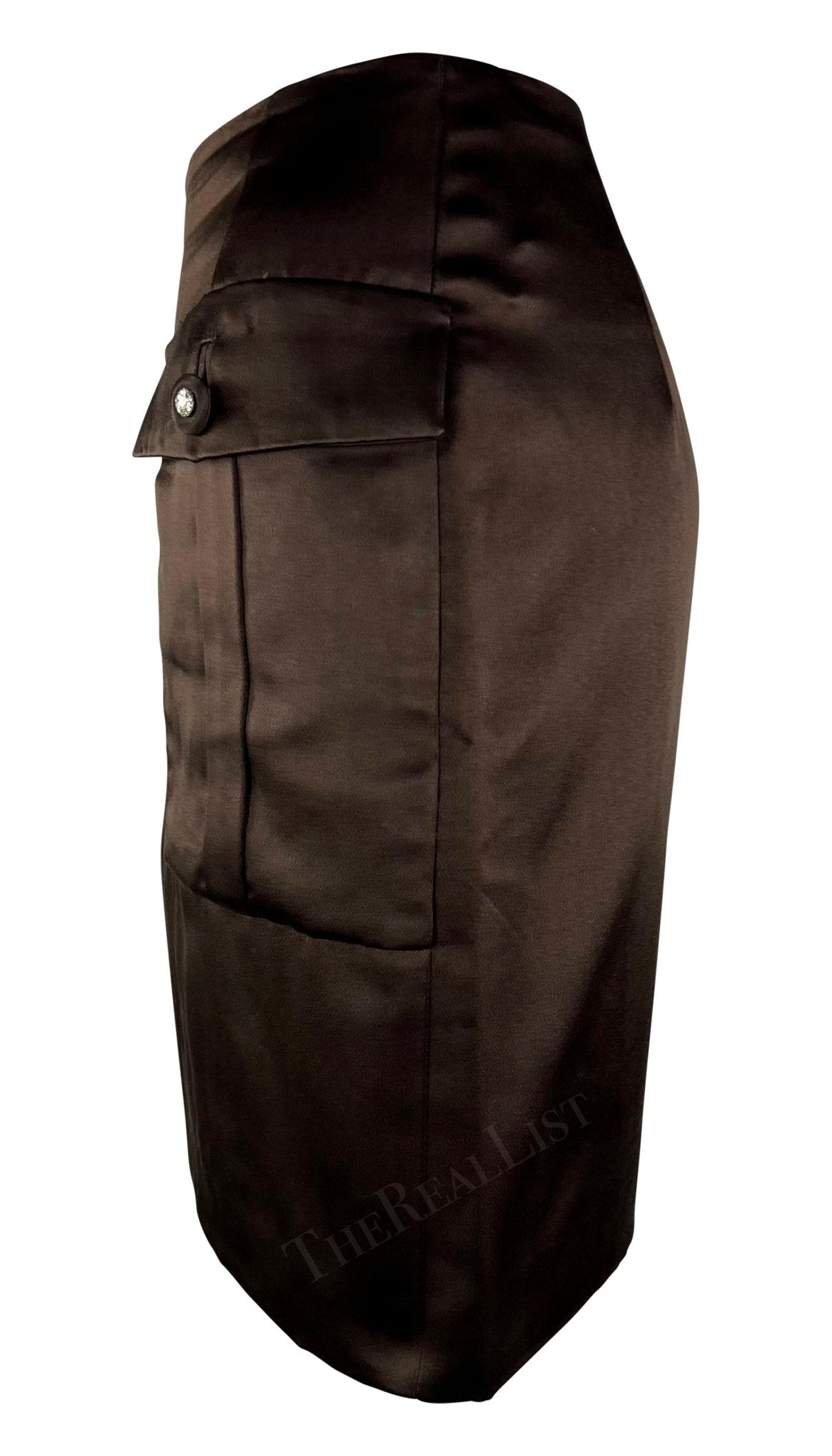 F/W 1996 Gianni Versace Couture Rhinstone Medusa Brown Silk Satin Mini Skirt - RealList