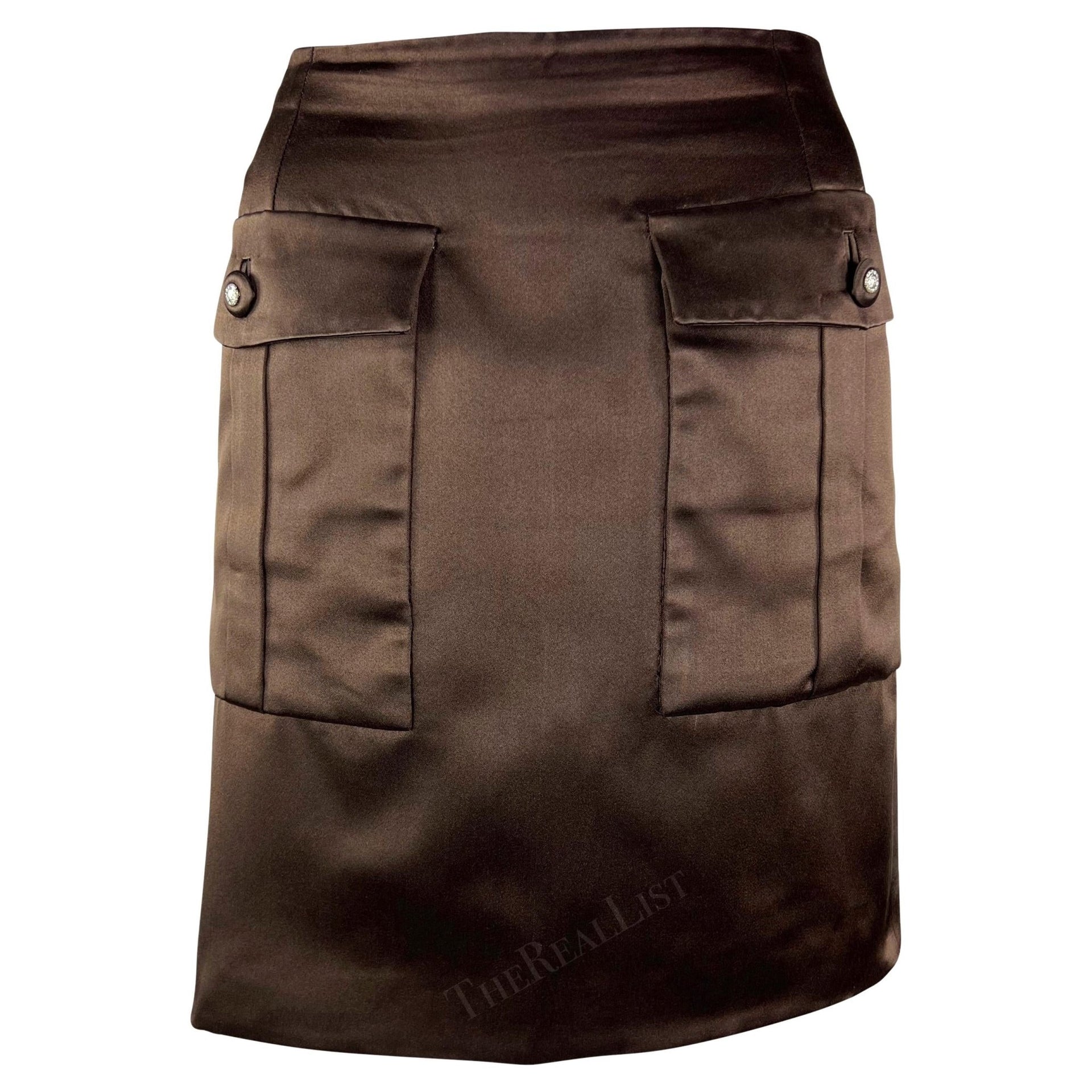 F/W 1996 Gianni Versace Couture Rhinstone Medusa Brown Silk Satin Mini Skirt - RealList