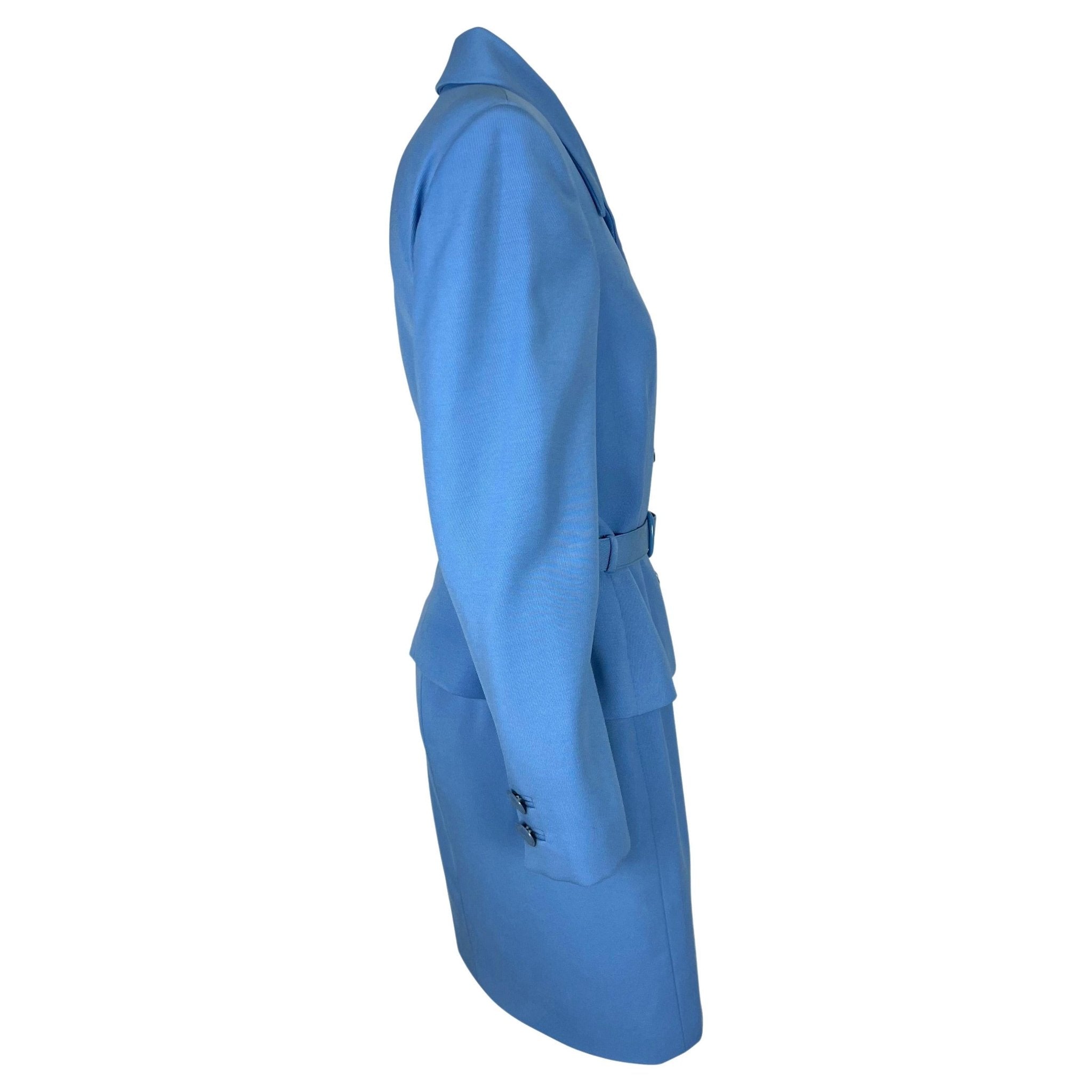 F/W 1996 Gianni Versace Couture Runway Baby Blue Medusa Wool Belted Skirt Suit - RealList