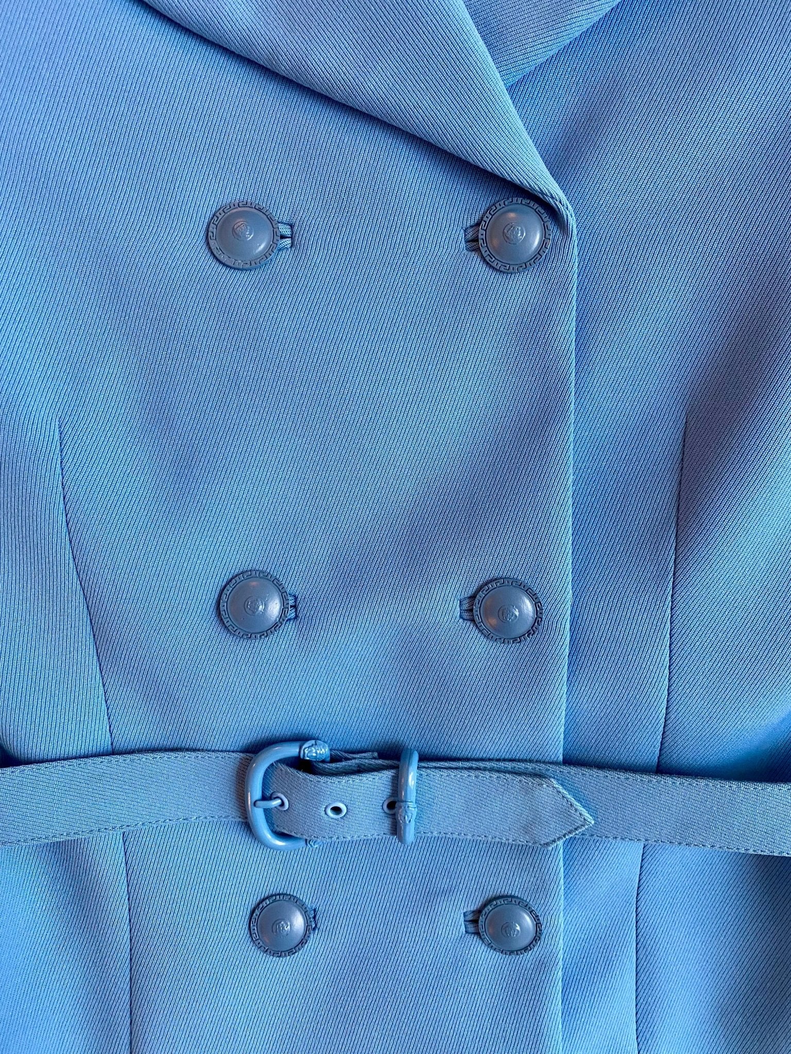 F/W 1996 Gianni Versace Couture Runway Baby Blue Medusa Wool Belted Skirt Suit - RealList