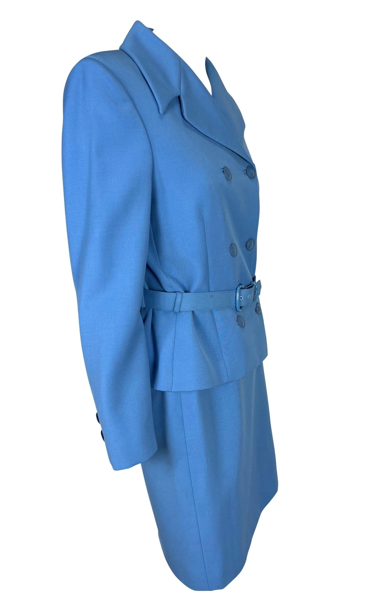 F/W 1996 Gianni Versace Couture Runway Baby Blue Medusa Wool Belted Skirt Suit - RealList