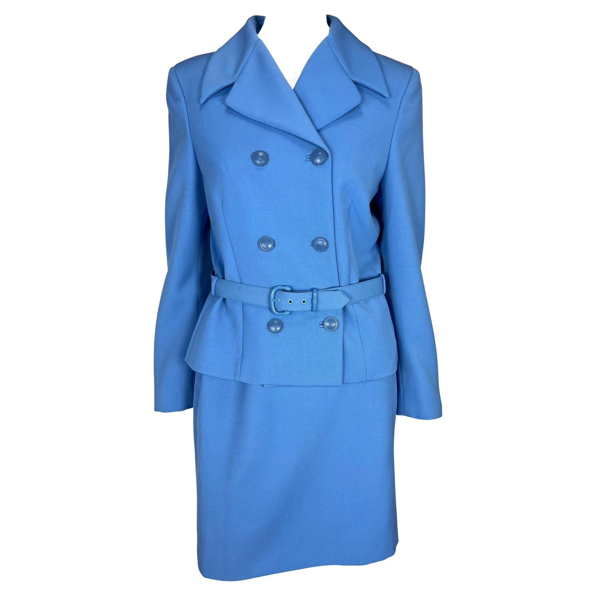 F/W 1996 Gianni Versace Couture Runway Baby Blue Medusa Wool Belted Skirt Suit - RealList