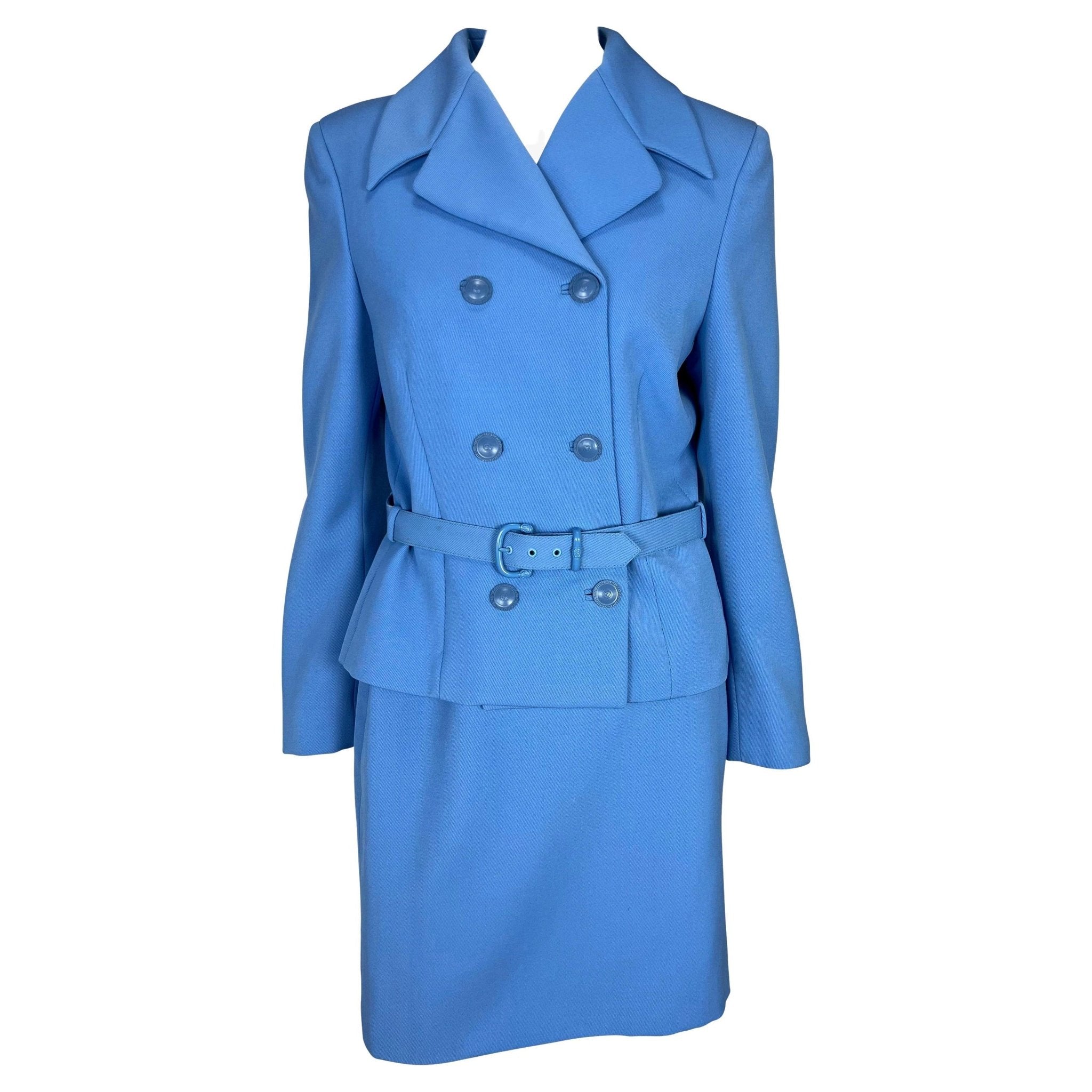 F/W 1996 Gianni Versace Couture Runway Baby Blue Medusa Wool Belted Skirt Suit - RealList