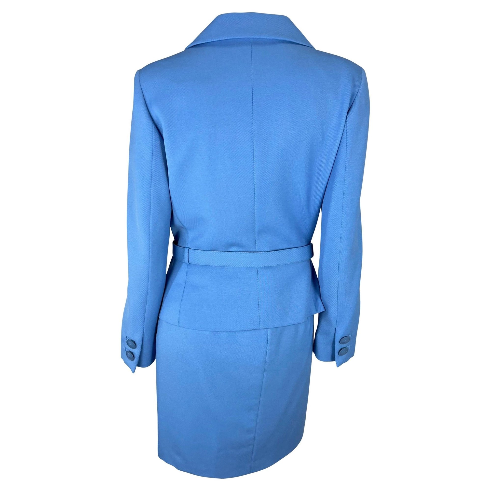F/W 1996 Gianni Versace Couture Runway Baby Blue Medusa Wool Belted Skirt Suit - RealList