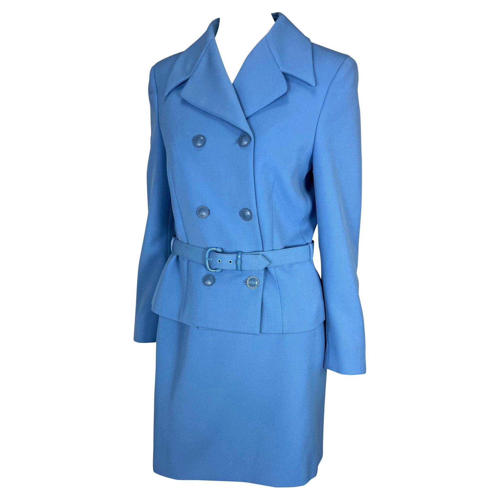 F/W 1996 Gianni Versace Couture Runway Baby Blue Medusa Wool Belted Skirt Suit - RealList
