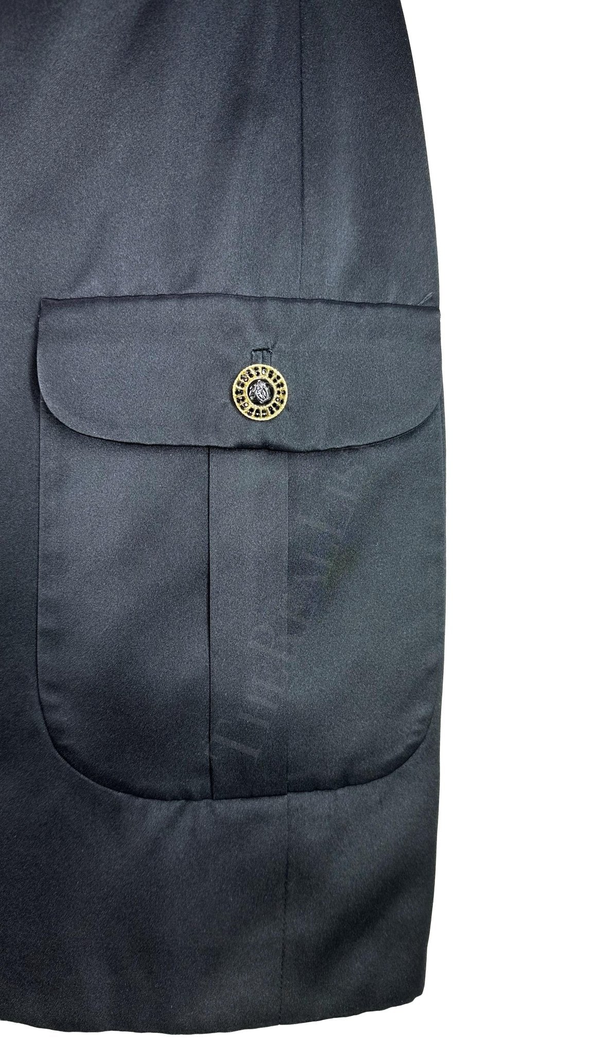 F/W 1996 Gianni Versace Rhinestone Medusa Pocket Black Satin Mini Dress - RealList