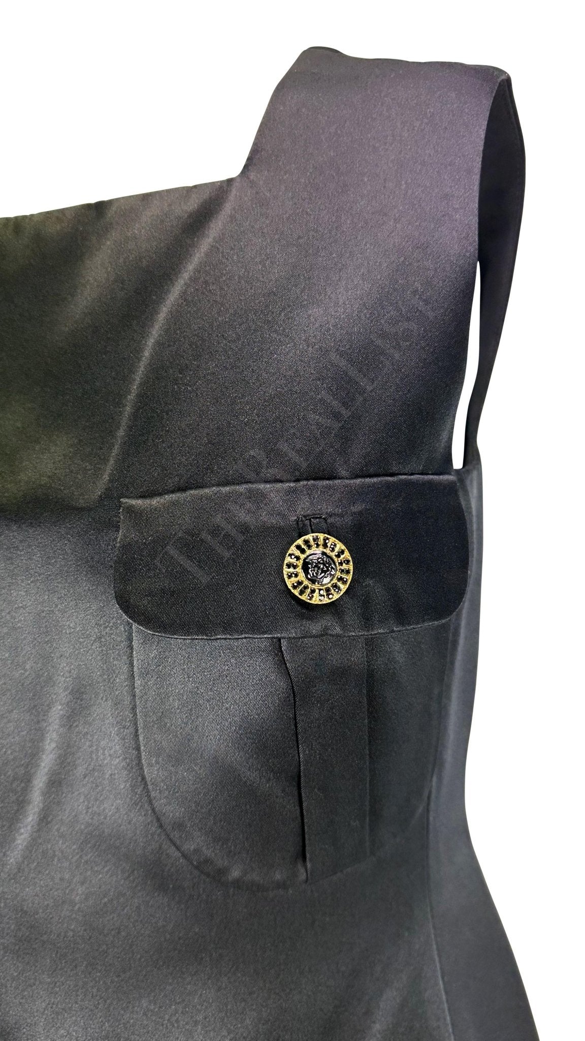 F/W 1996 Gianni Versace Rhinestone Medusa Pocket Black Satin Mini Dress - RealList