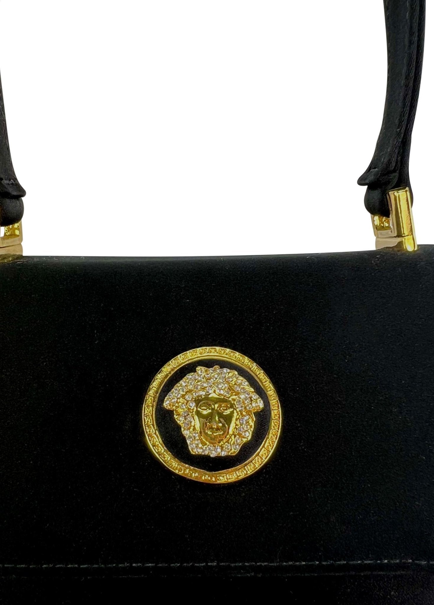F/W 1996 Gianni Versace Rhinestone Medusa Satin Mini Top Handle Crossbody Bag - RealList
