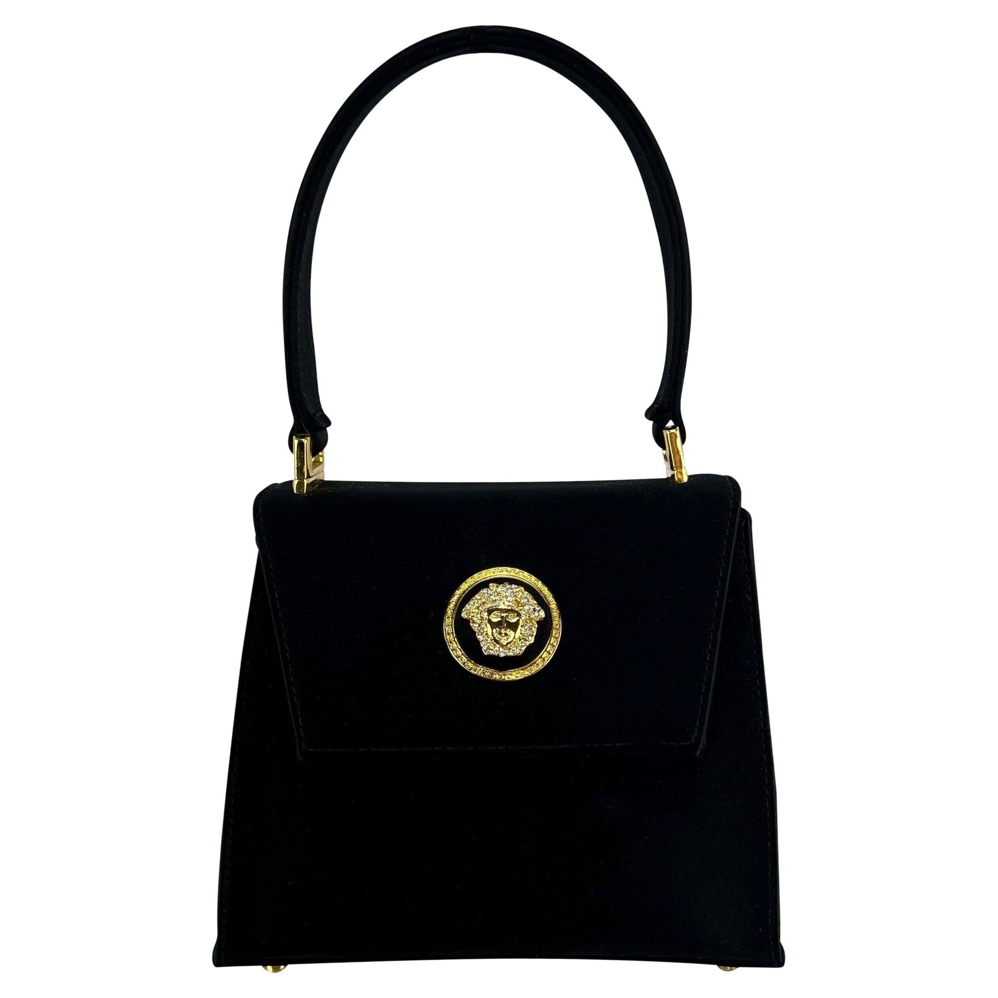 F/W 1996 Gianni Versace Rhinestone Medusa Satin Mini Top Handle Crossbody Bag - RealList
