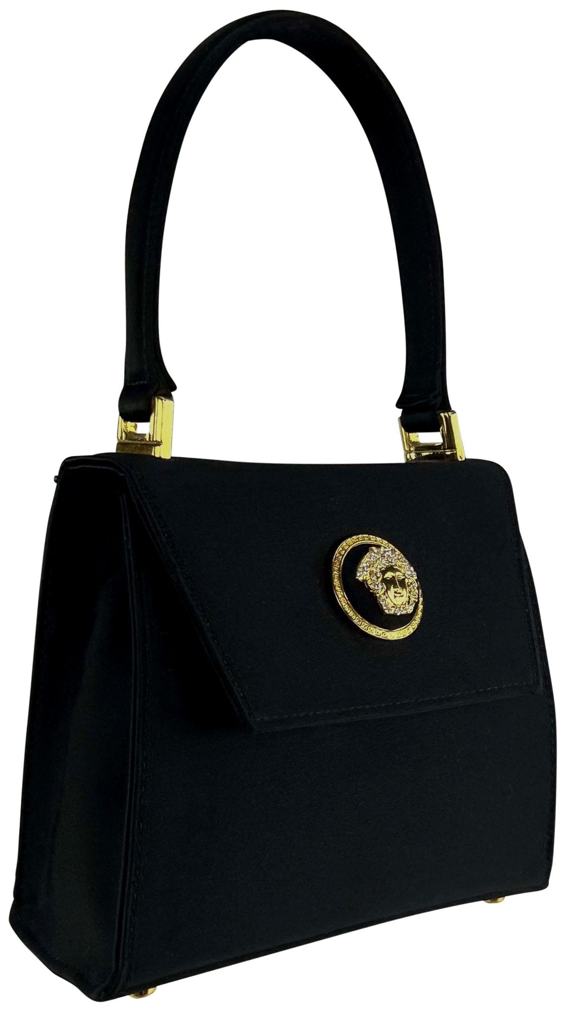F/W 1996 Gianni Versace Rhinestone Medusa Satin Mini Top Handle Crossbody Bag - RealList