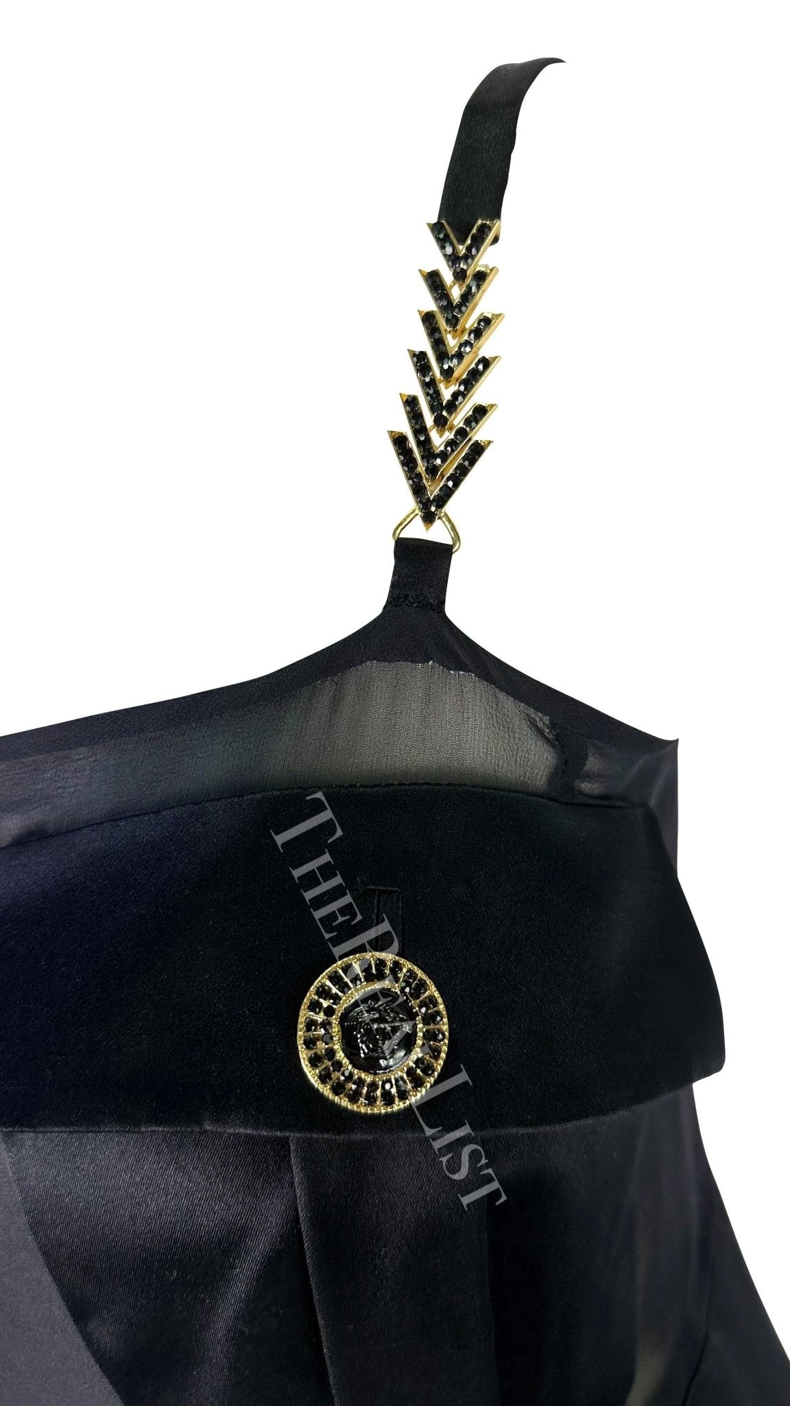 F/W 1996 Gianni Versace Runway Black Sheer Satin Rhinestone Medusa Pocket Gown - RealList