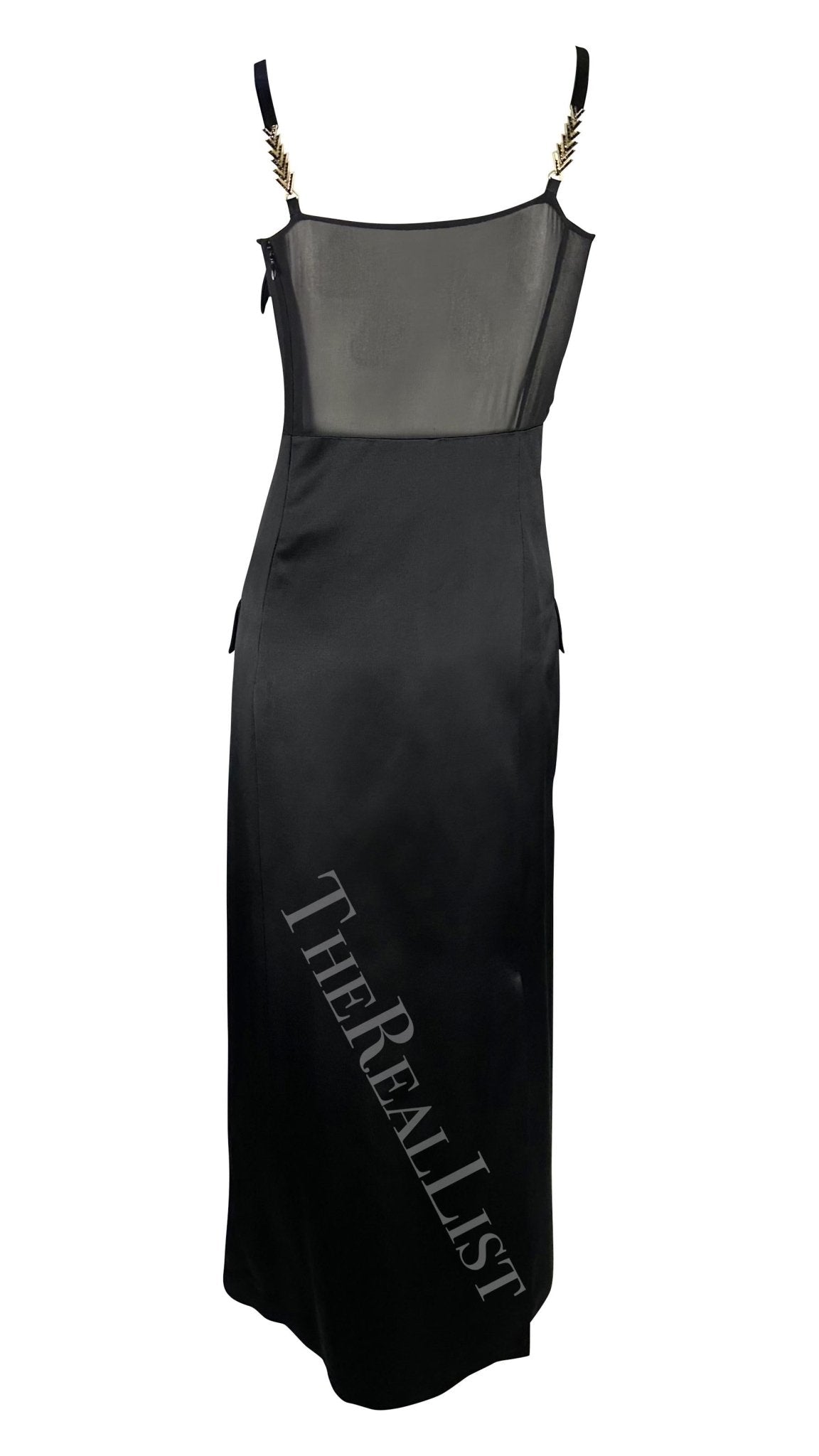 F/W 1996 Gianni Versace Runway Black Sheer Satin Rhinestone Medusa Pocket Gown - RealList