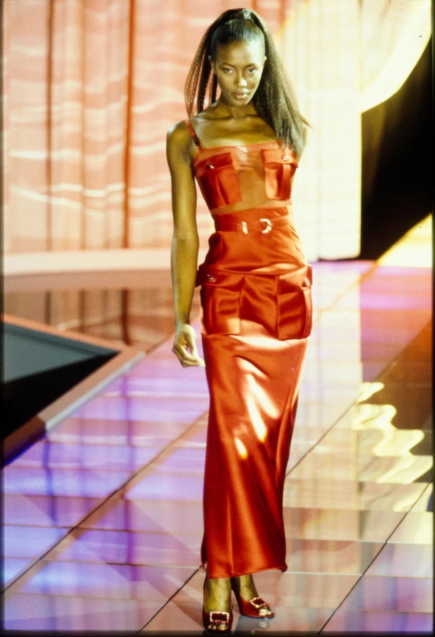 F/W 1996 Gianni Versace Runway Black Sheer Satin Rhinestone Medusa Pocket Gown - RealList