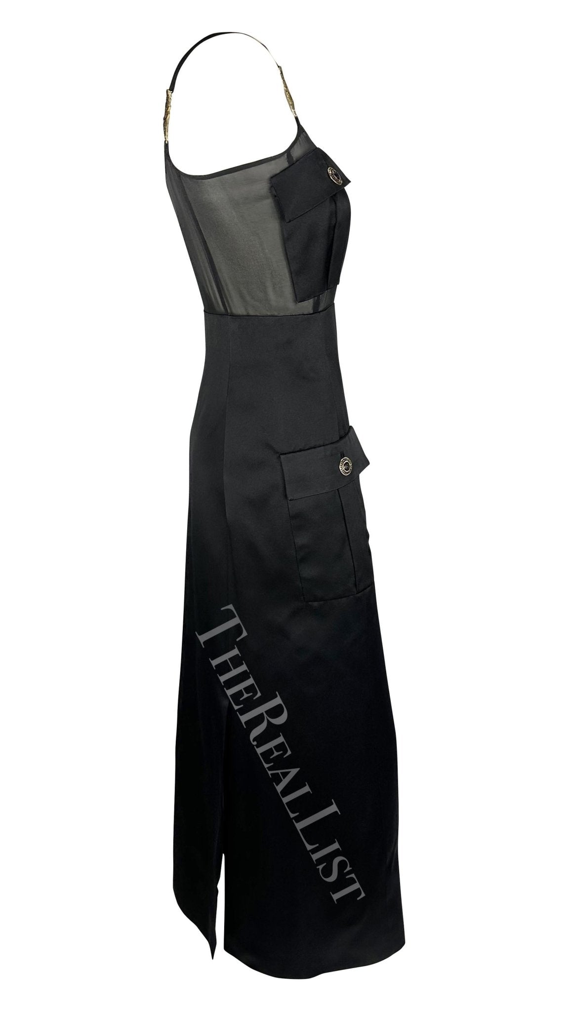 F/W 1996 Gianni Versace Runway Black Sheer Satin Rhinestone Medusa Pocket Gown - RealList