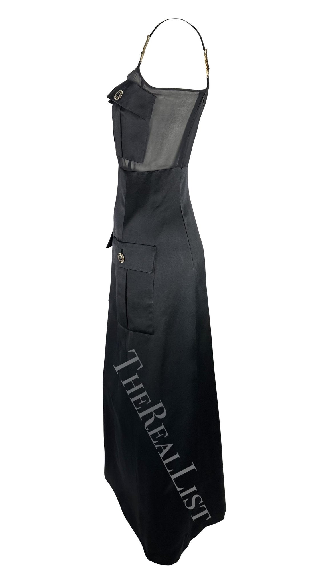 F/W 1996 Gianni Versace Runway Black Sheer Satin Rhinestone Medusa Pocket Gown - RealList