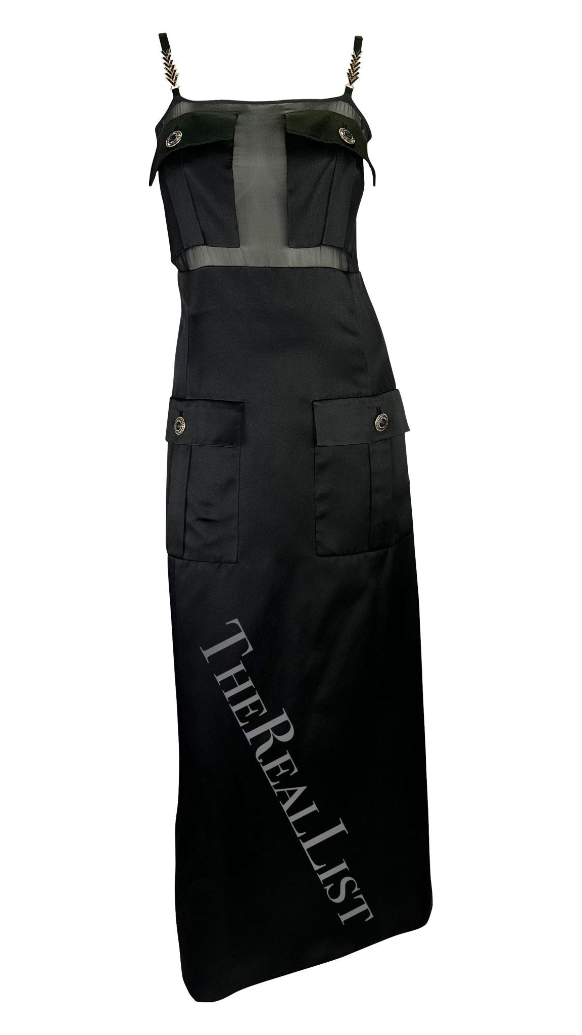 F/W 1996 Gianni Versace Runway Black Sheer Satin Rhinestone Medusa Pocket Gown - RealList