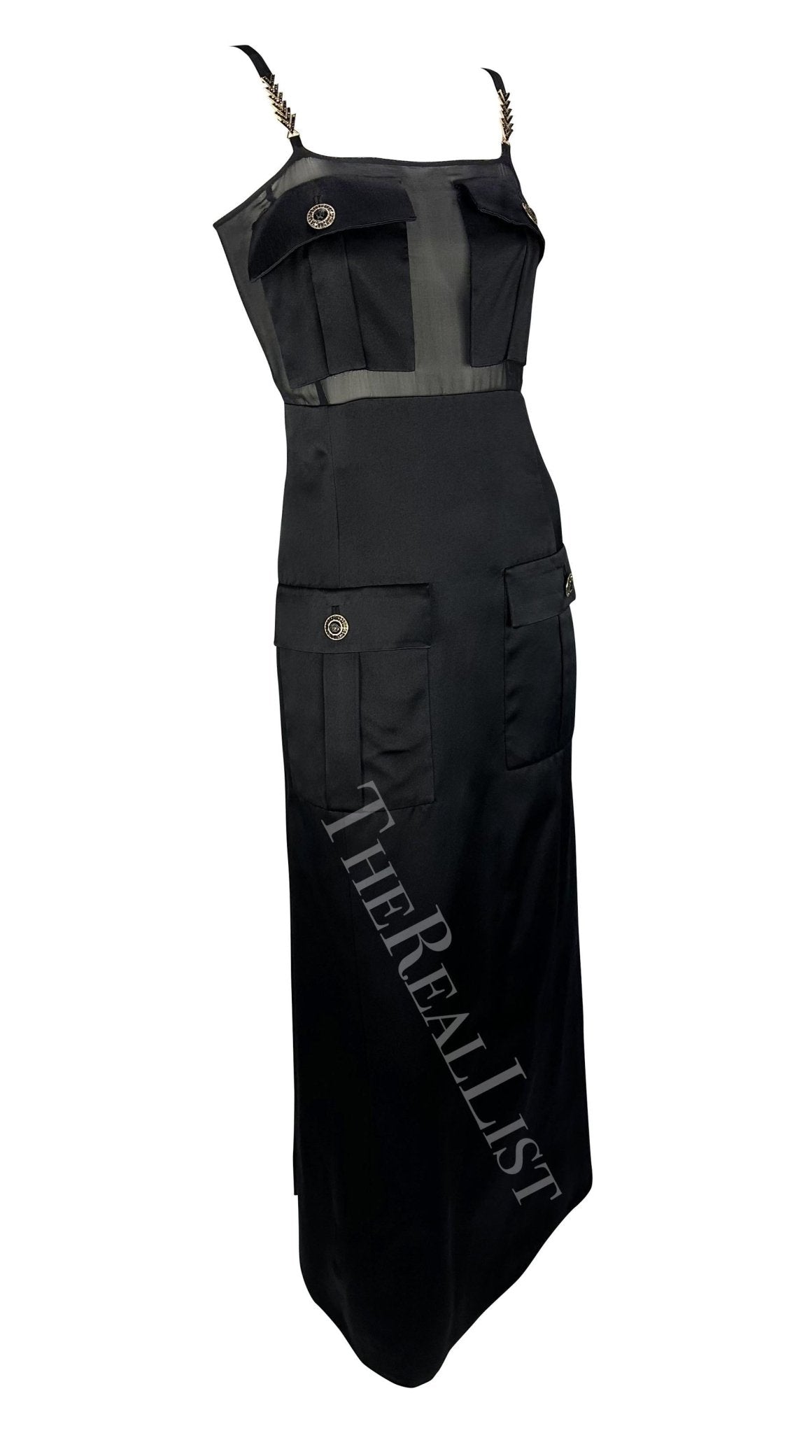 F/W 1996 Gianni Versace Runway Black Sheer Satin Rhinestone Medusa Pocket Gown - RealList