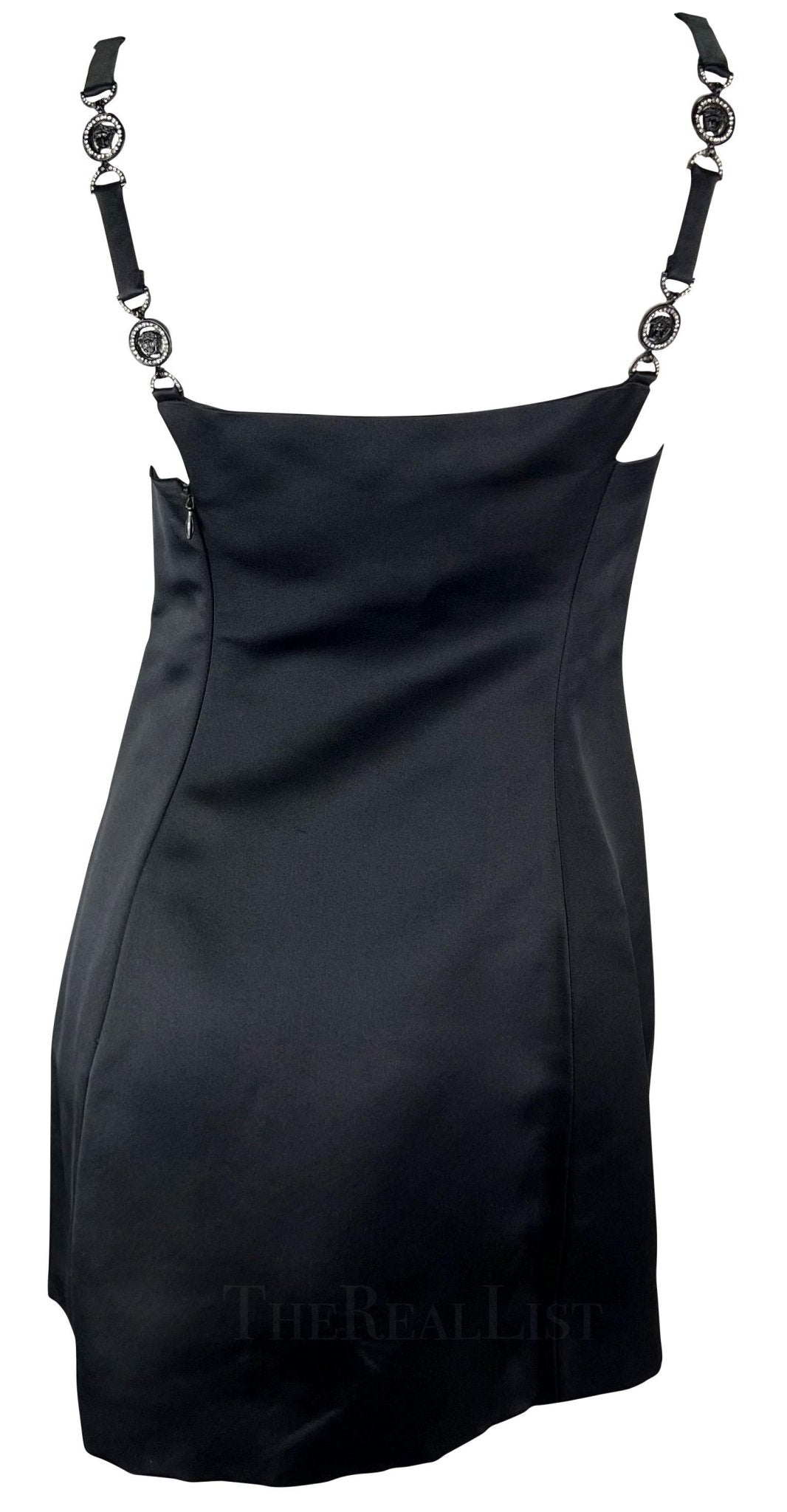 F/W 1996 Gianni Versace Runway Sheer Satin Rhinestone Medusa Pocket Mini Dress - RealList